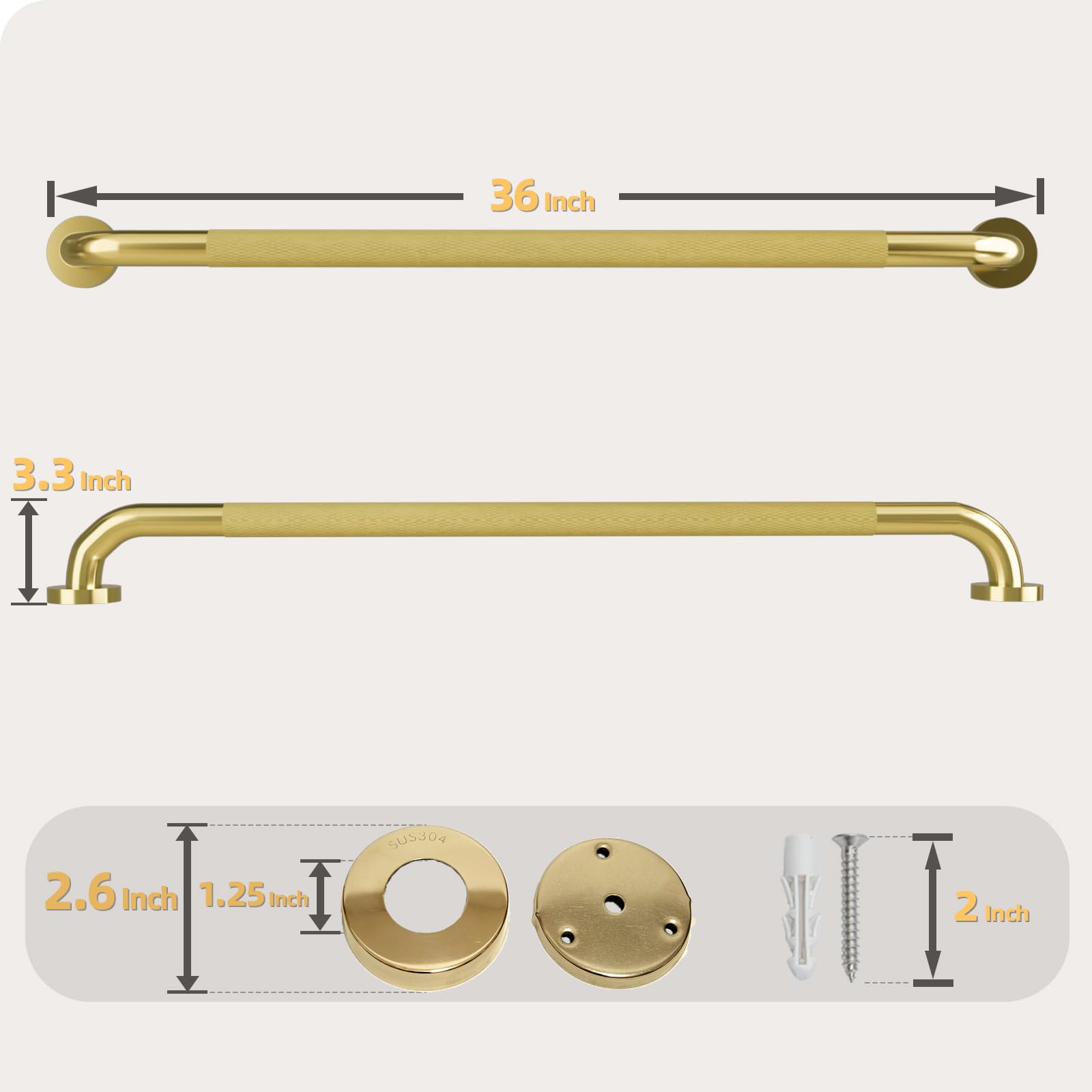 Maniglia per doccia, 91 cm, con impugnatura zigrinata antiscivolo, barra di equilibrio in acciaio inox, diametro 3,2 cm, barra di sicurezza per vasca da bagno, supporto per anziani, anziani incinte