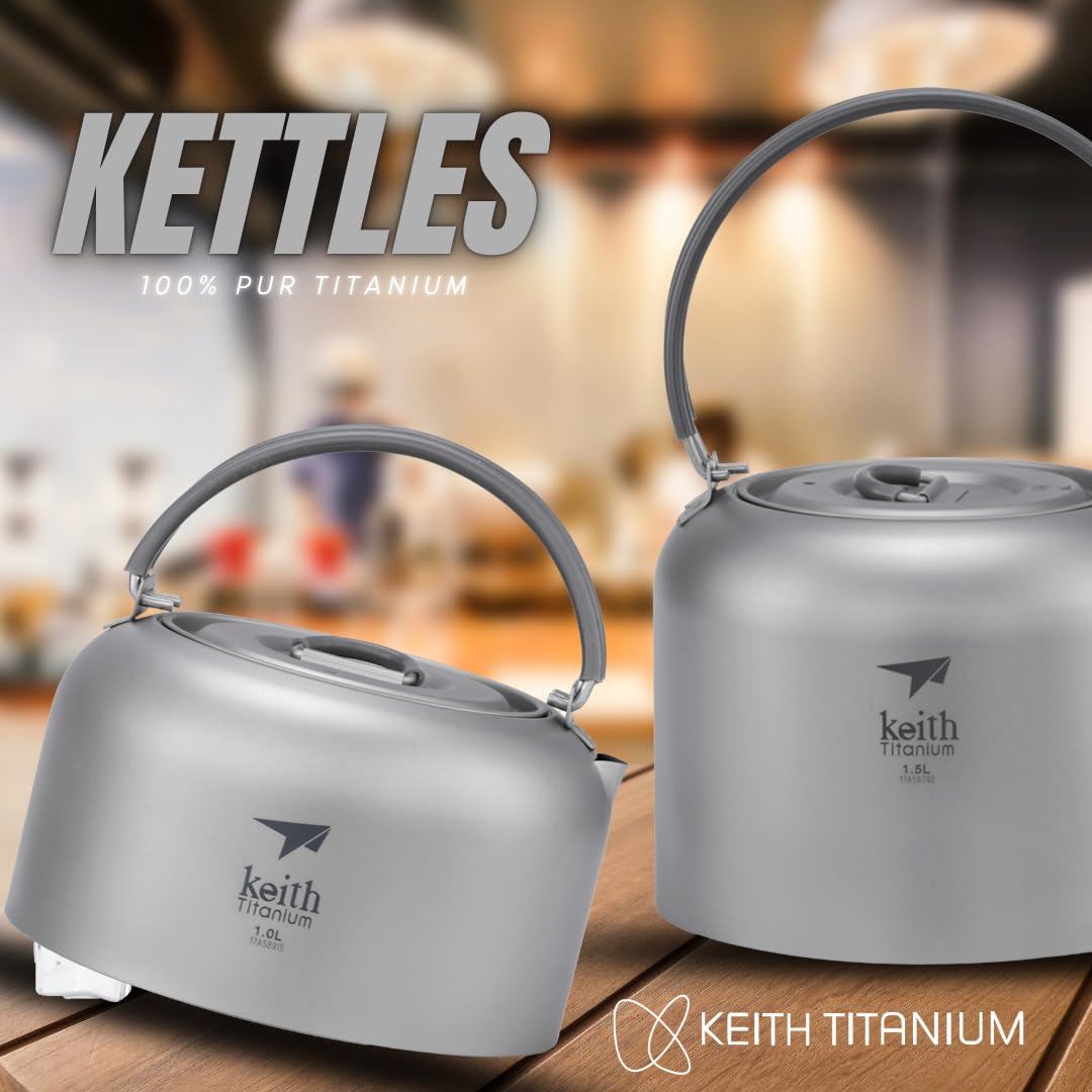 Keith Titanium Wasserkocher - Premium Leichter Campingwasserkocher zum Kochen von Wasser, Tee und Kaffee - Robuster, hitzebeständiger tragbarer Wasserkocher mit intelligenter Ausgussöffnung (1L)
