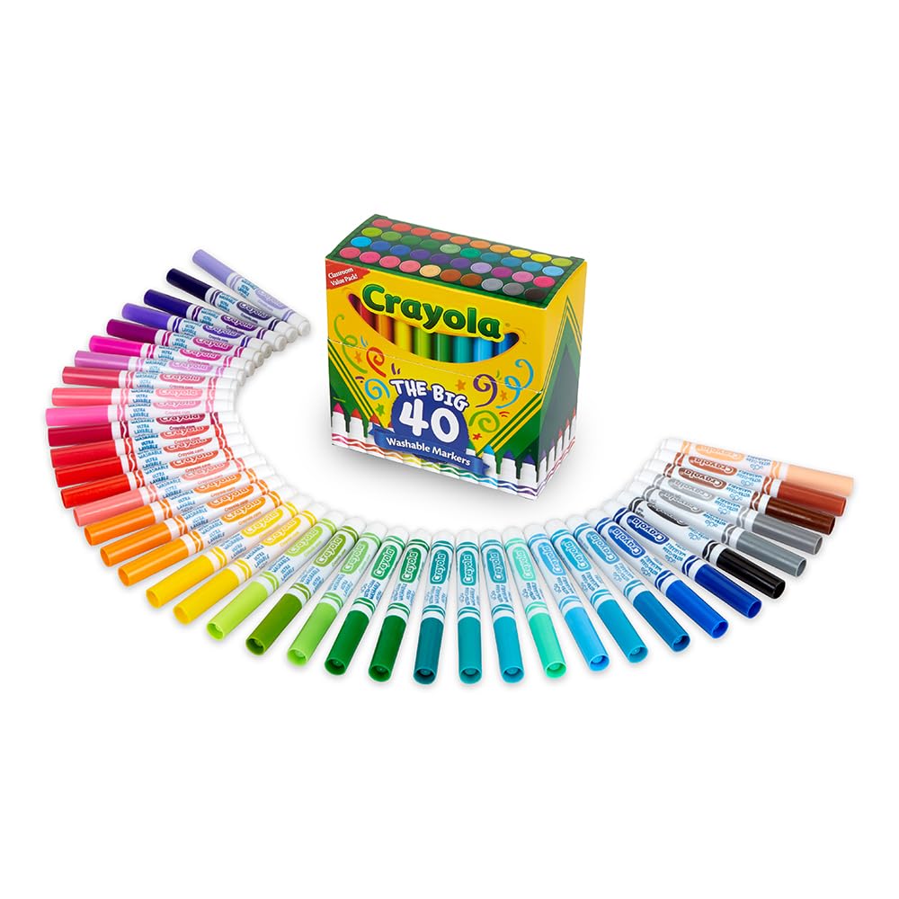 Crayola - Pennarelli ultra puliti, lavabili, 40 colori classici tossici, per bambini e neonati, grande varietà di colori accesi e vivaci, ideali per aule