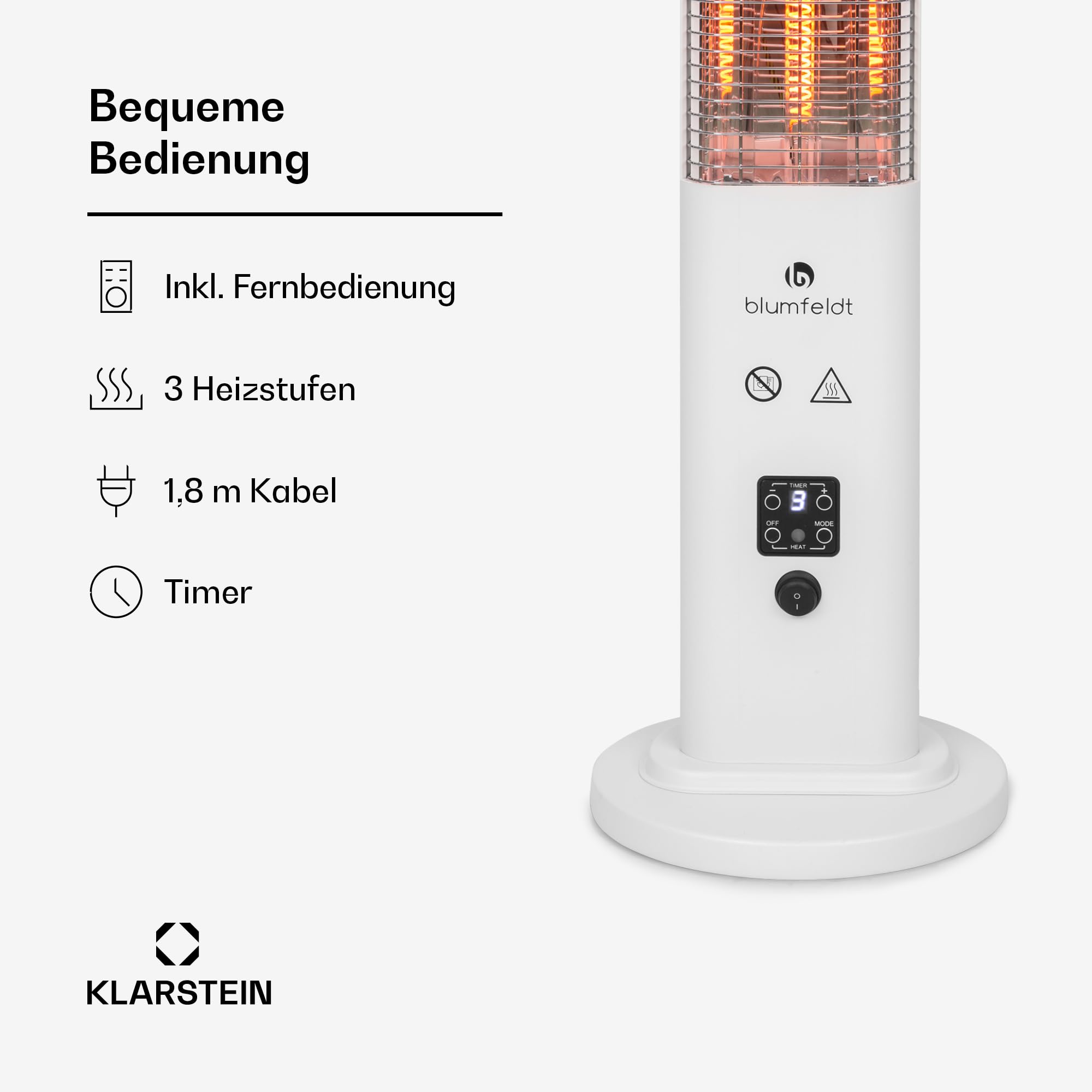 blumfeldt Infrarotheizung, Heizstrahler für den Innenraum, Infrarotheizung Standgerät, Sicher Elektroheizung mit Kippschutz, Energieeffiziente Heizung mit IP65, Terrassen-Heizstrahler, 1200 Watt