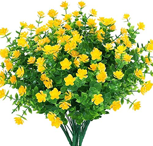 Ancokig 4 Piezas Flores Artificiales Flor Falsas,Arbustos Verdes Resistentes a Los Rayos UV Plantas para Colgar en Interiores y Exteriores,para Casa Jardín Ventana Fiesta Boda Decoración (Yellow) Cover