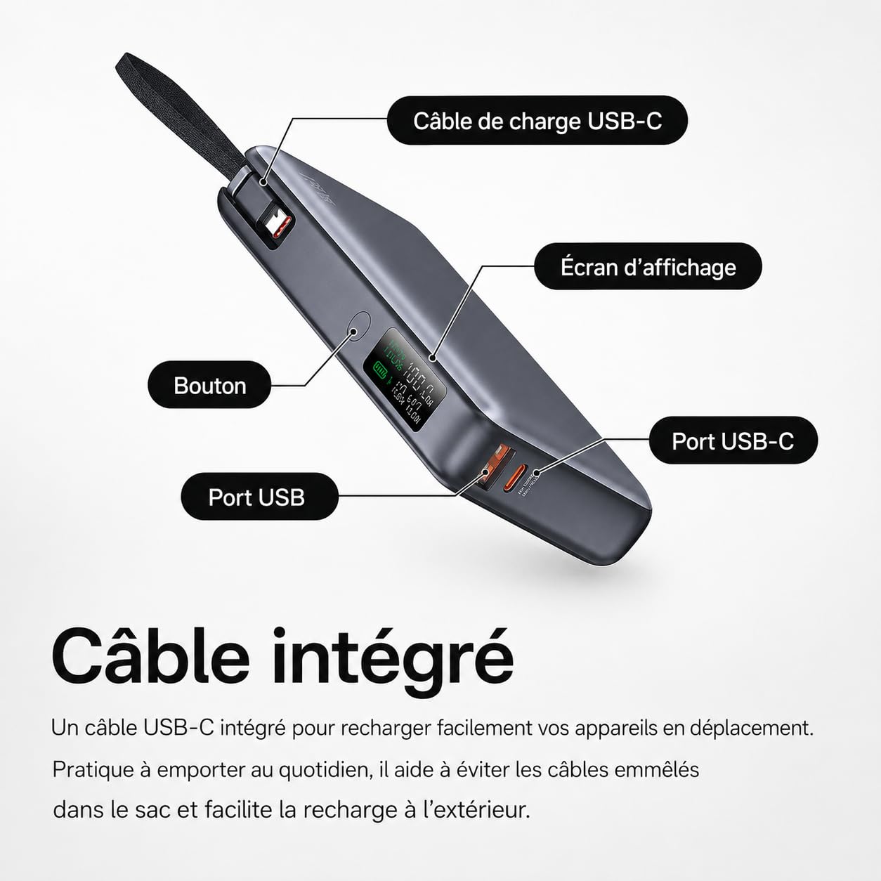 SLUB Batterie Externe 26 800 mAh 100 W, câble USB-C intégré, écran LED