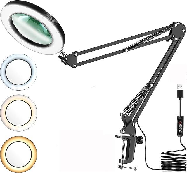 Magnifying Desk Lamps, eSynic 10x Magnifier Desk Lamp Adjustable Swivel Arm Magnifier Lamp With 3 Color Modes 64 LED 11 Gears Brightness USB Magnifier Light with Clamp for Reading Crafting etc