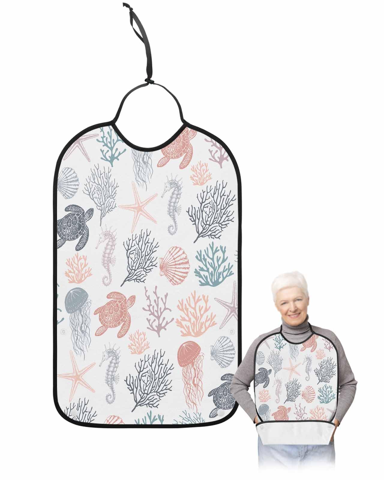 LEOKOTI Red Grey Coastal Adult Bibs for Eating, Waterproof Bibs with Food Catcher & Adjustable Snap Closure, Nautical Summer Beach Coral Sea Turtle Washable Clothing Protectors Adult Bibs for Elderly