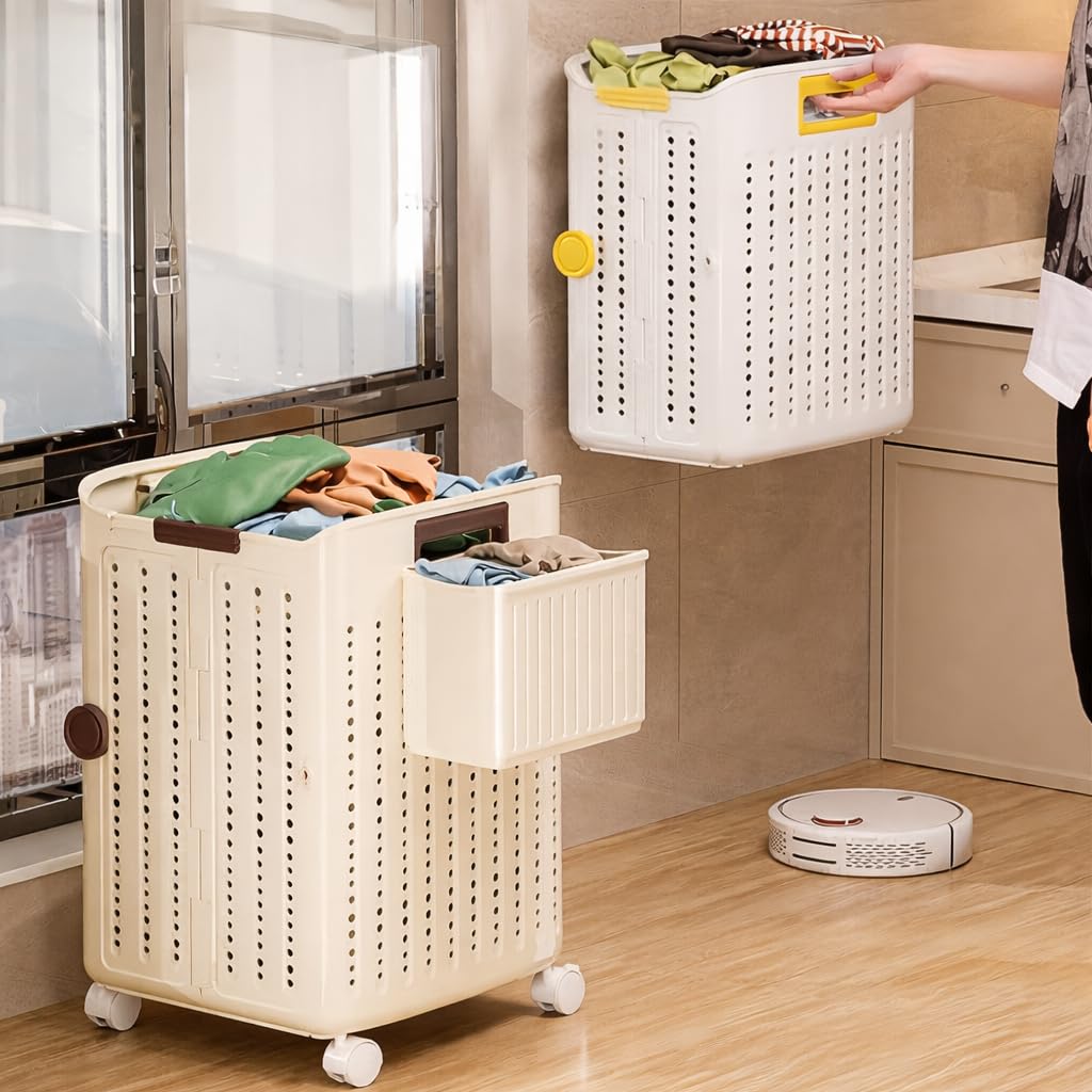 Foldable Laundry Basket with Wheels, Large Capacity Rolling Laundry Hamper, Wall-Mounted Dirty Clothes Basket with Lock & Free Lingerie Organizer-image-22