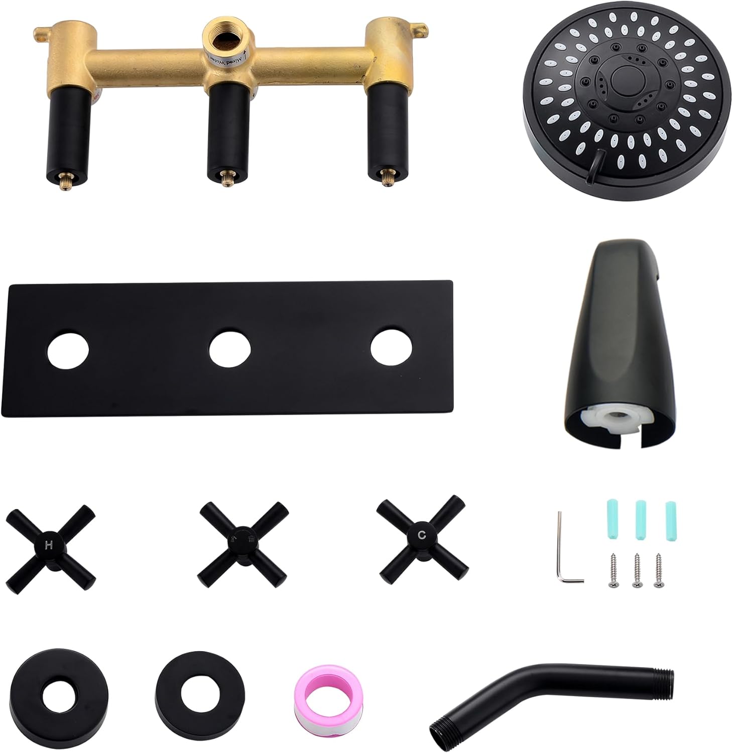 All components of the BEIYI 3-Handle Tub Shower Faucet set laid out, including the valve, handles, shower head, tub spout, and small hardware.