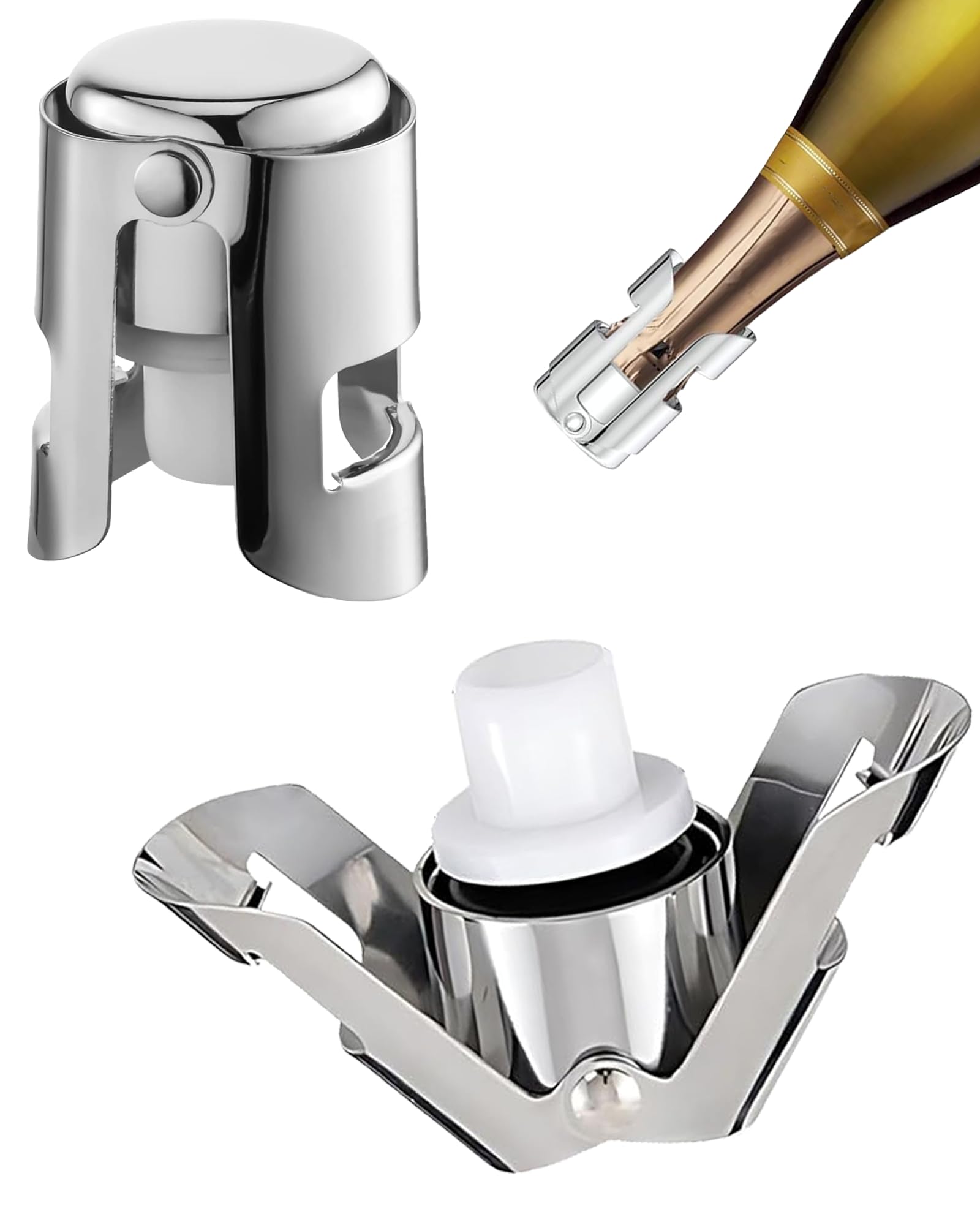 Champagne Stoppers 2 Pack, Leak-Proof Stainless Steel Wine Stopper Saver with Silicone Seal Sparking Wine Saver for Cava, Prosecco and More, Silver