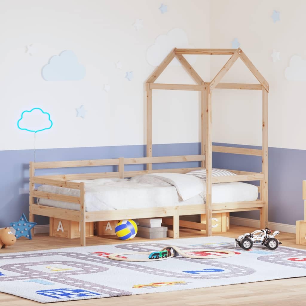 Cama de día con techo de madera maciza de pino, 80 x 200 cm, marco de cama con somier y espacio de almacenamiento, sofá cama para habitación infantil, diseño abierto, robusto juego de madera