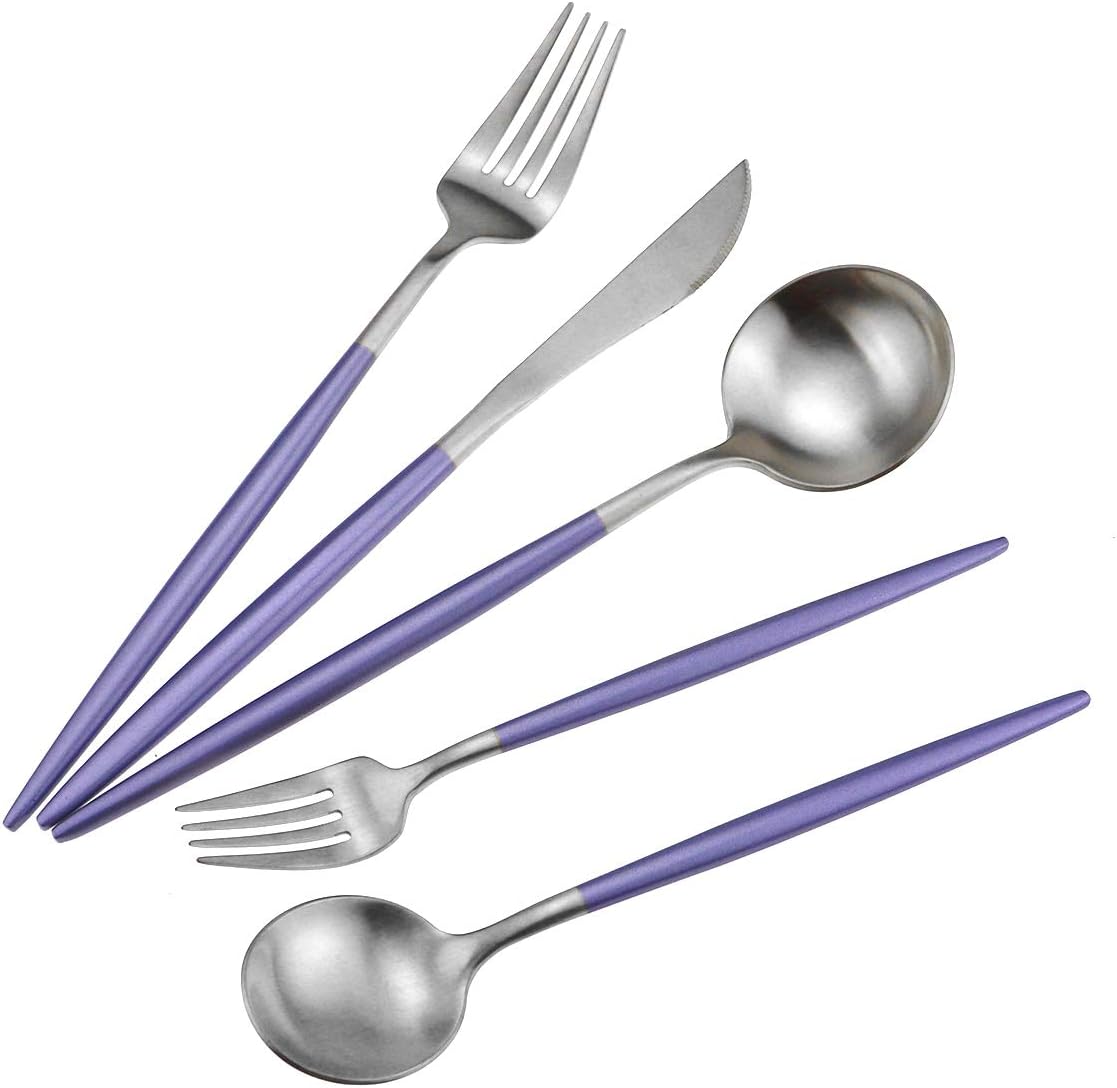 Hottest Sale Gugrida Luxury Flatware, Royal 20 Piece Matte Purple Handle 18/10 Stainless Steel Tableware Sets for 4 Including Forks Spoons Knives, Camping Silverware Travel Utensils Set Cutlery (Purple Silver)