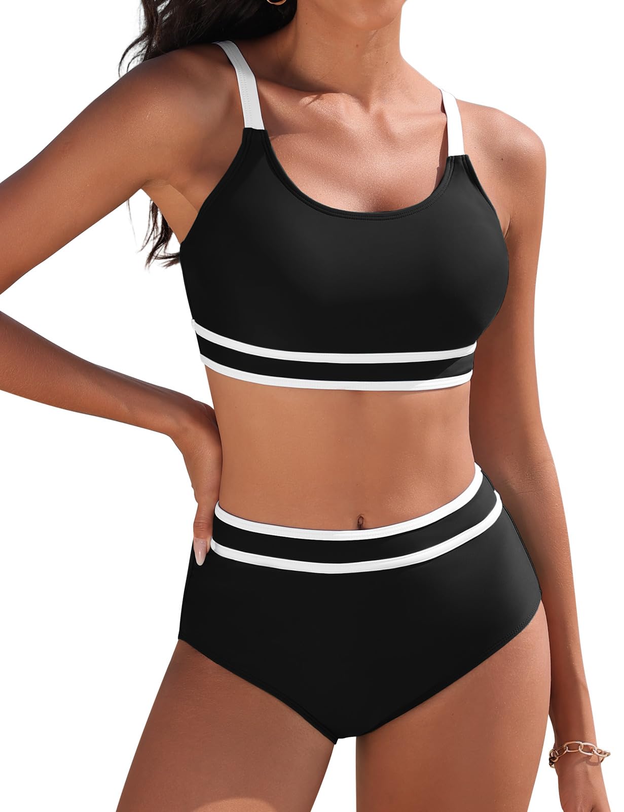 Yuson Girl Traje de Baño para Mujer Conjunto de Bikini Push Up Patchwork de Rayas Bikini Deportivo Cintura Alta Bikini Secado Rapido Control de Vientre Bañador Reductor Bikini Dos Piezas