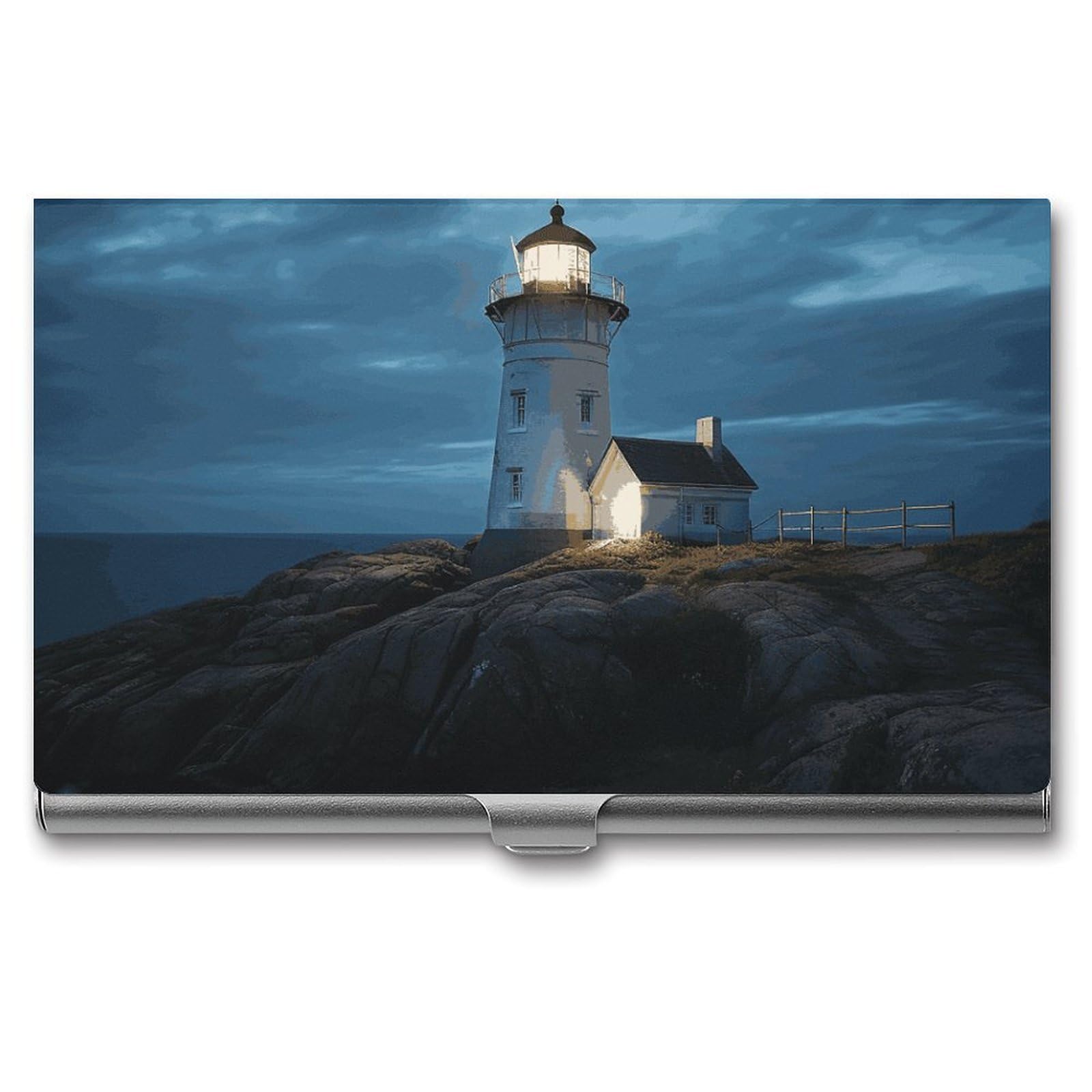 Porte-cartes de visite en métal rigide motif phare design de nuit de qualité