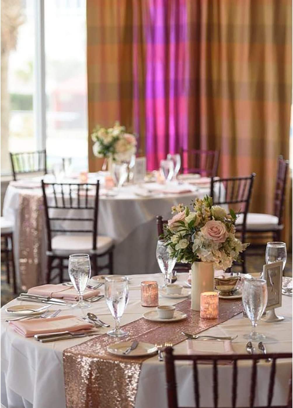 PartyDelight Rose Gold Sequin Table Runners 12 Pack 14" X 108" for Wedding Party Bridal Baby Shower Christmas