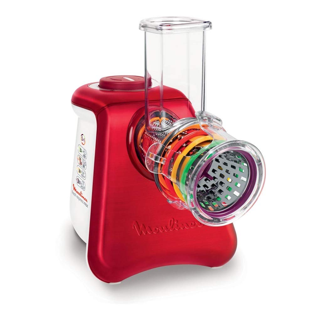 Moulinex dj812510 Reibe und elektrischer Zerkleinerer Fresh Express Max 5 in 1 – Für Reiben, Schneiden/emincer, Kratzen und Design Die den Mixer Eis – Aluminium gebürstet – weiß/rot Rubin