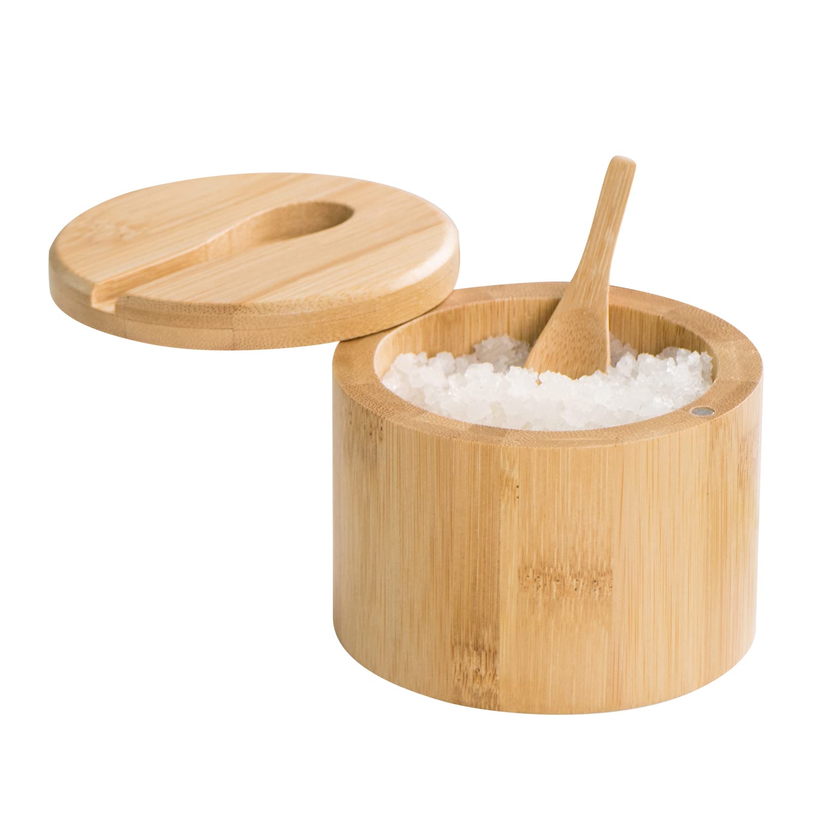 Cuencos de bambú para sal y pimienta con cuchara, recipiente apilado para sal/pimienta con tapas giratorias magnéticas y cucharas, moderno decorador de cocina de granja para almacenar sal,