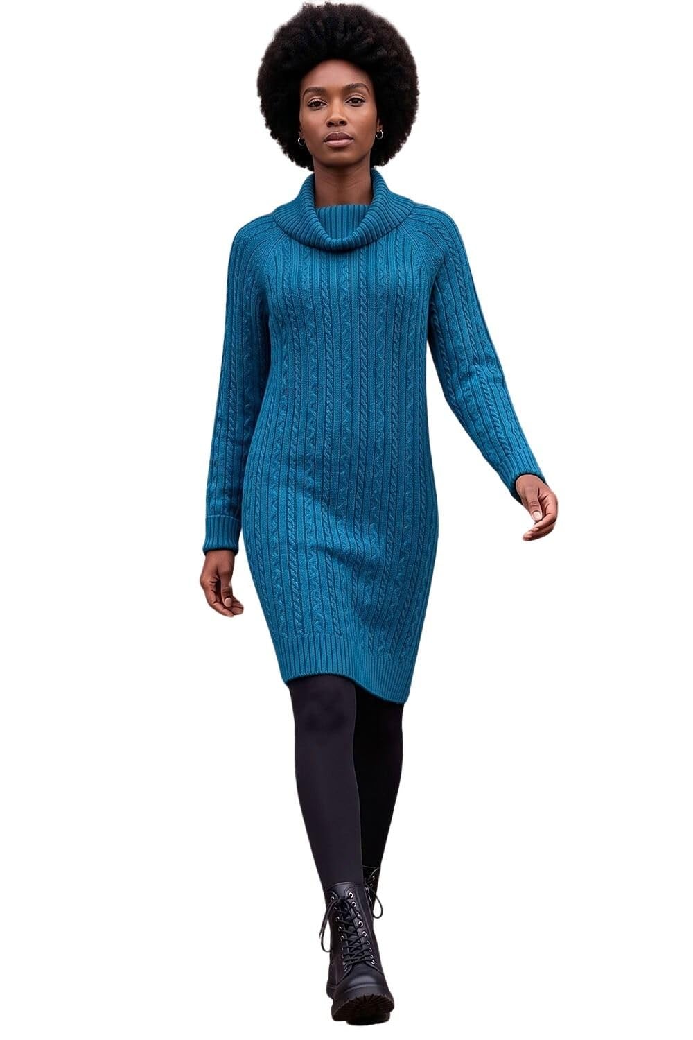 Roman Roll Neck Knitted Jumper Dress for Women UK - Ladies Autumn Everyday Winter Holiday Cowl Neckline Comfy Long Sleeve Soft Rib Detail Frock Desk to Dinner Gowns