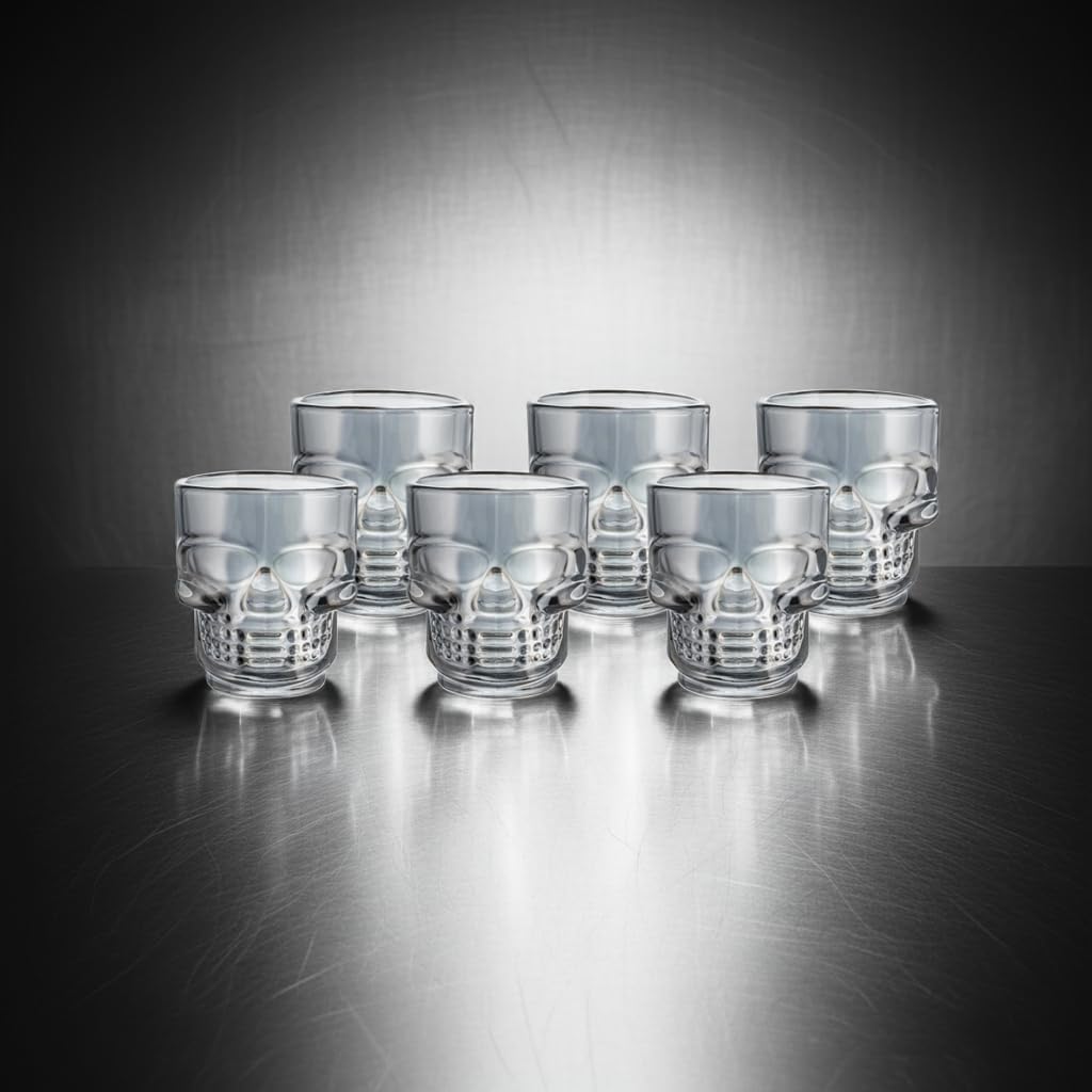 DURA LIVING Set of 6 Skull Shot Glasses - 1.75oz Clear Glass Novelty Drinkware, Gothic Skull-Shaped Barware for Halloween Parties, Whiskey, Tequila, Gifts & Spooky Home Décor