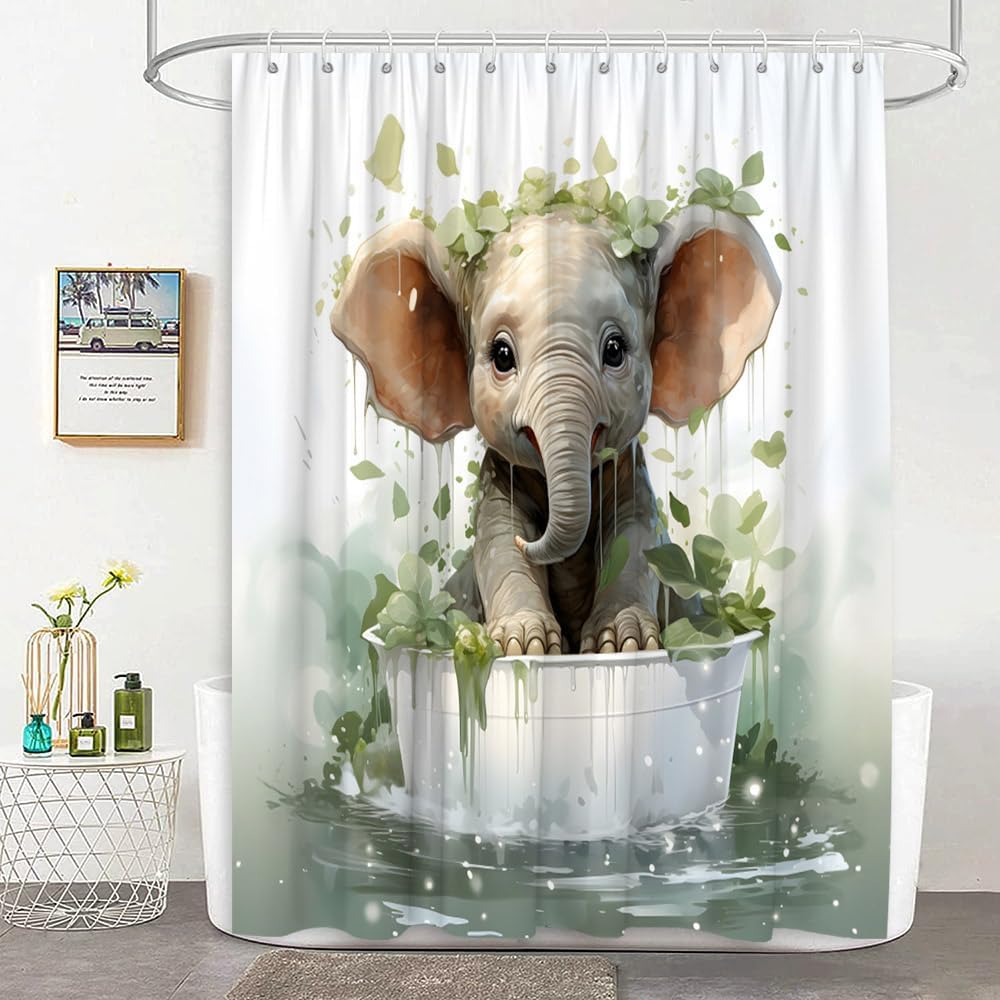 Cute Elephant Shower Curtain Funny Wild Animal Watercolor Green Leaves Farmhouse Fabric Bathroom Curtain with Hooks, 70x78 Inch