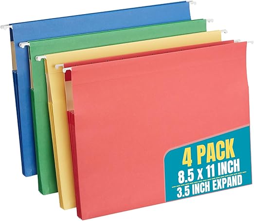 1InTheOffice Expanding Hanging File Folders 3.5" Expansion, Letter Size, Assorted, 4 Pack