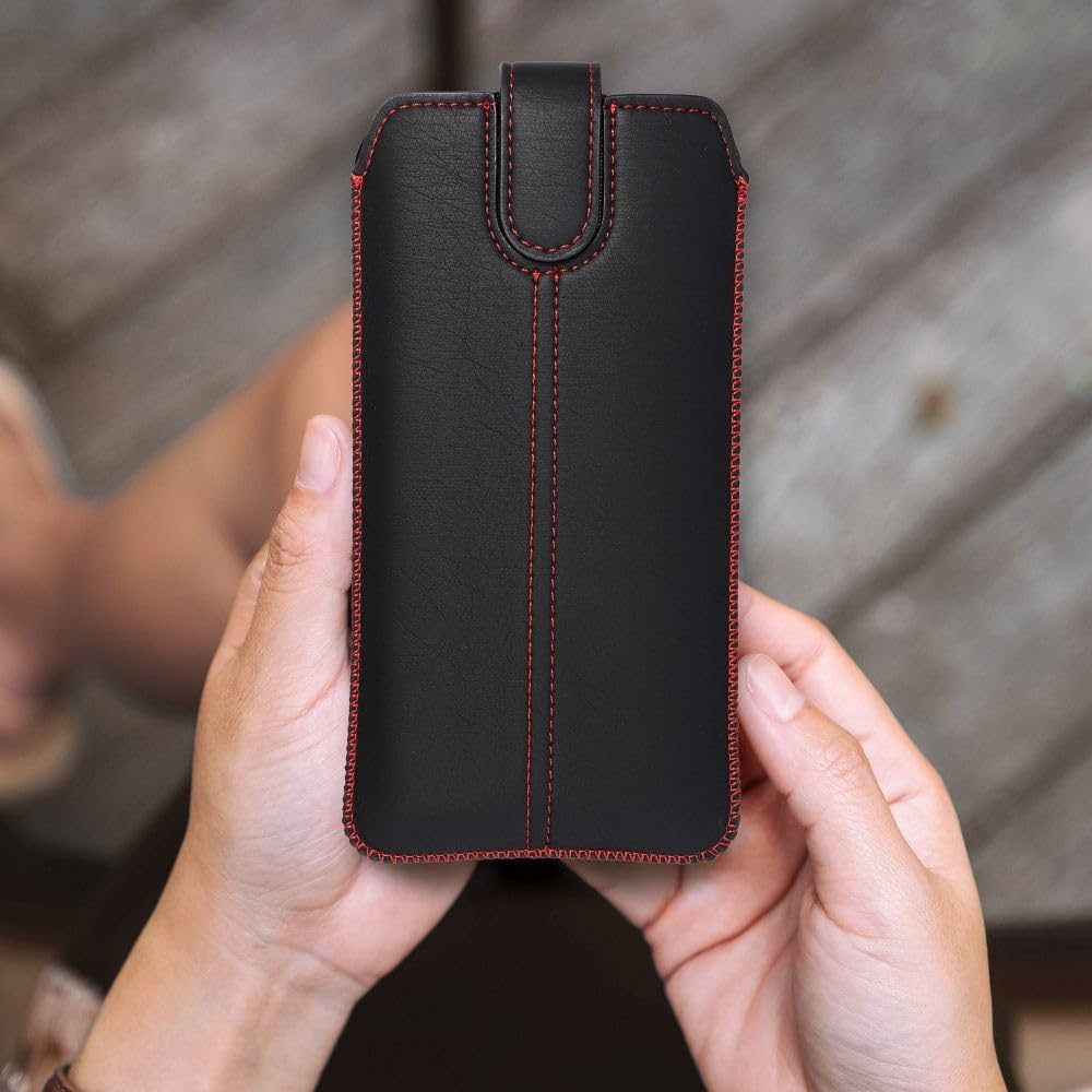 Generisch Universal 6" Handy Tasche Hülle Etui schwarz-rot/Innenmaß 15x8cm | kompatibel u.a mit Apple iPhone 12 13 14 15 16 Pro, Samsung Galaxy S23 S24 S25 S26, mit Klettverschluss & Auszugband
