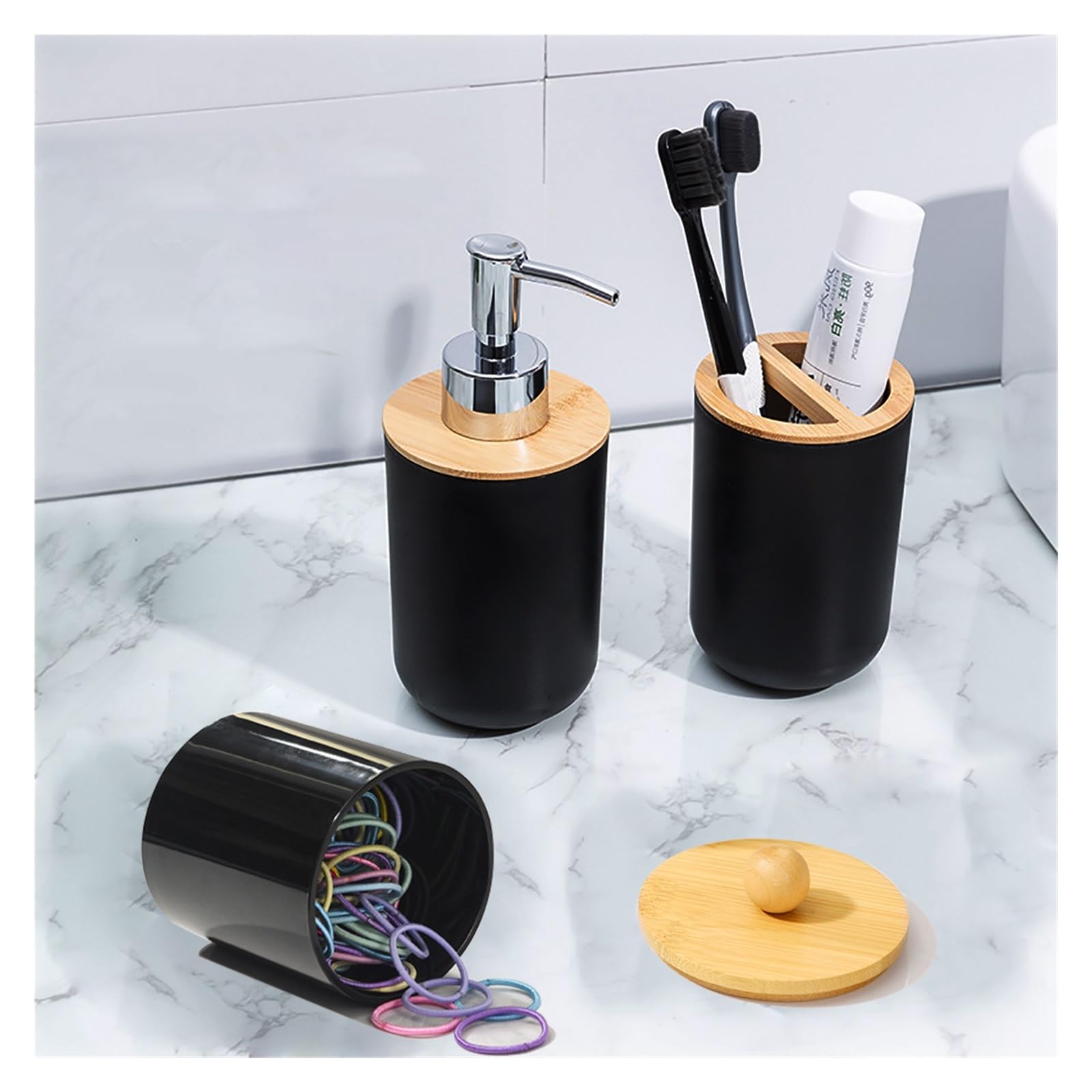 Set Dispensador Jabon Baño Juego de baño con dispensador de jabón, Soporte for Cepillo de Dientes y Caja de algodón for decoración del hogar, Caja de Almacenamiento(White)