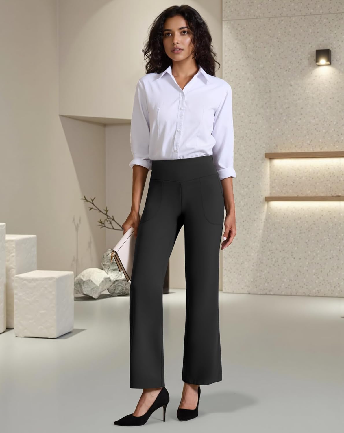 Dress Pants Women Wide Leg, High Waist Stretchy Work Pants Pull On Business Casual Slacks with Pockets - Image 3