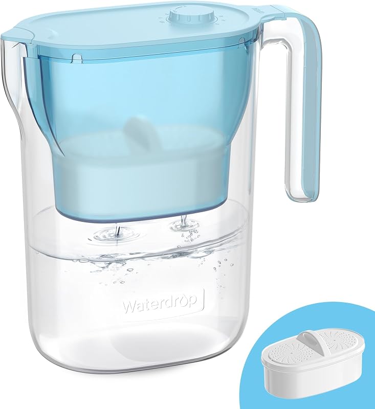 Jarra con filtro de agua Waterdrop PT-05B-L, 7 tazas, certificación NSF, azul | Purificador de filtro de larga duración de 200 galones, reduce el cloro y el PFOA/PFOS, reemplaza 6,400 botellas de agua de plástico al año