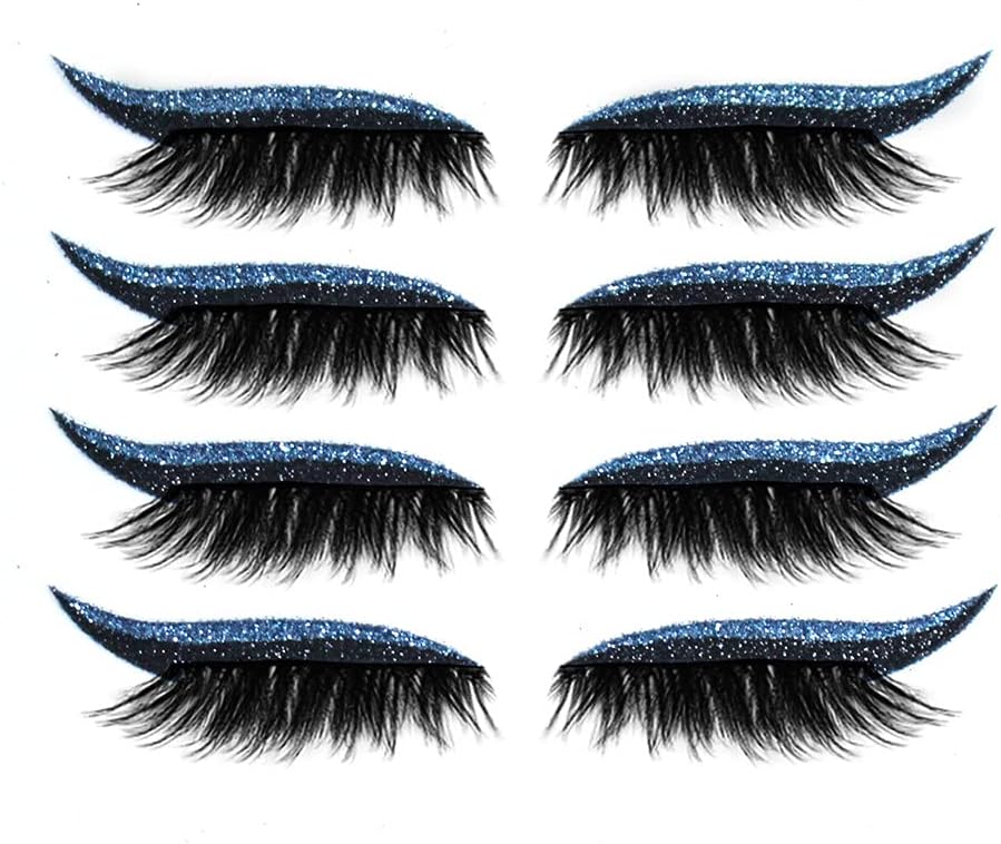 4 Pair Reusable Eyeliner and Eyelash Stickers,Glitter Shiny Eyeliner Stickers, 7 Color Waterproof Eyeliner Eyelash Stickers Easy to Use and Remove for Women Girls, Blue