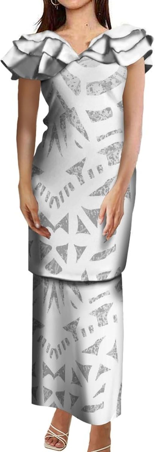 White Puletasi Summer Short Sleeve New Polynesian Women's Dress Custom Samoan Tribal Print Maxi Dress for Women