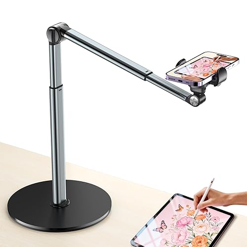 Overhead Phone Mount for Video Recording, Aluminum Overhead Tripod for iPhone, Desk Phone Camera Stand for Cooking, Nail Techs, Filming, Live Streaming