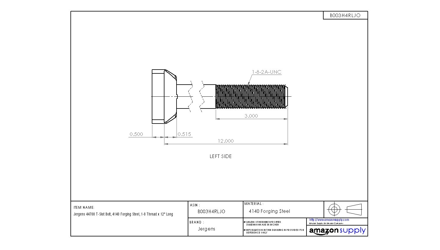 Jergens 4140 Steel T-Bolt, Black Oxide Finish, 1-1/2" Threaded Length, 3" Length, 5/8"-13 UNC Threads, Made in US