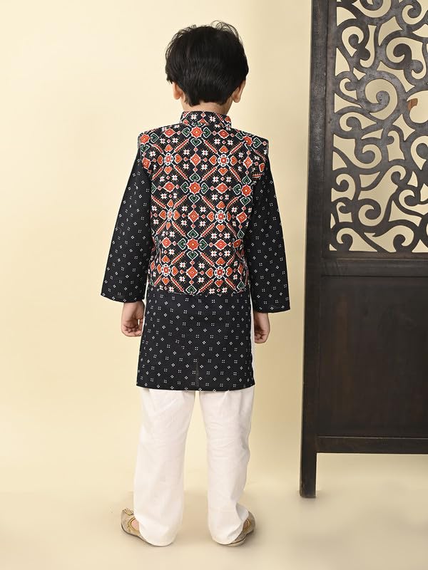 Image of superminis Boys Cotton Printed Full Sleeves Kurta With Ajrakh Printed Jacket and Pyjama Set