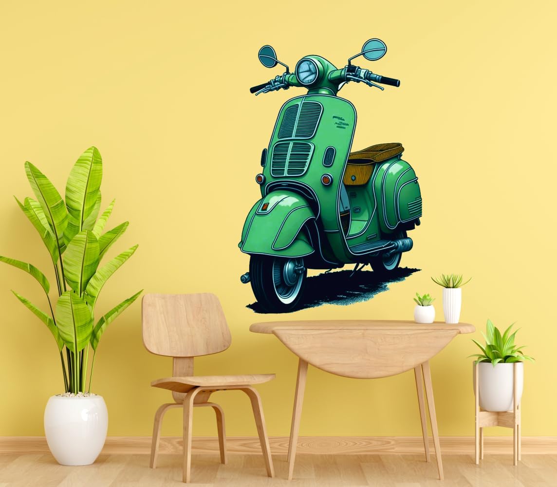 Old Green Scooter Wall Sticker for Living Room, Kids Room, Pooja Room (Size - 56CM X 46CM)