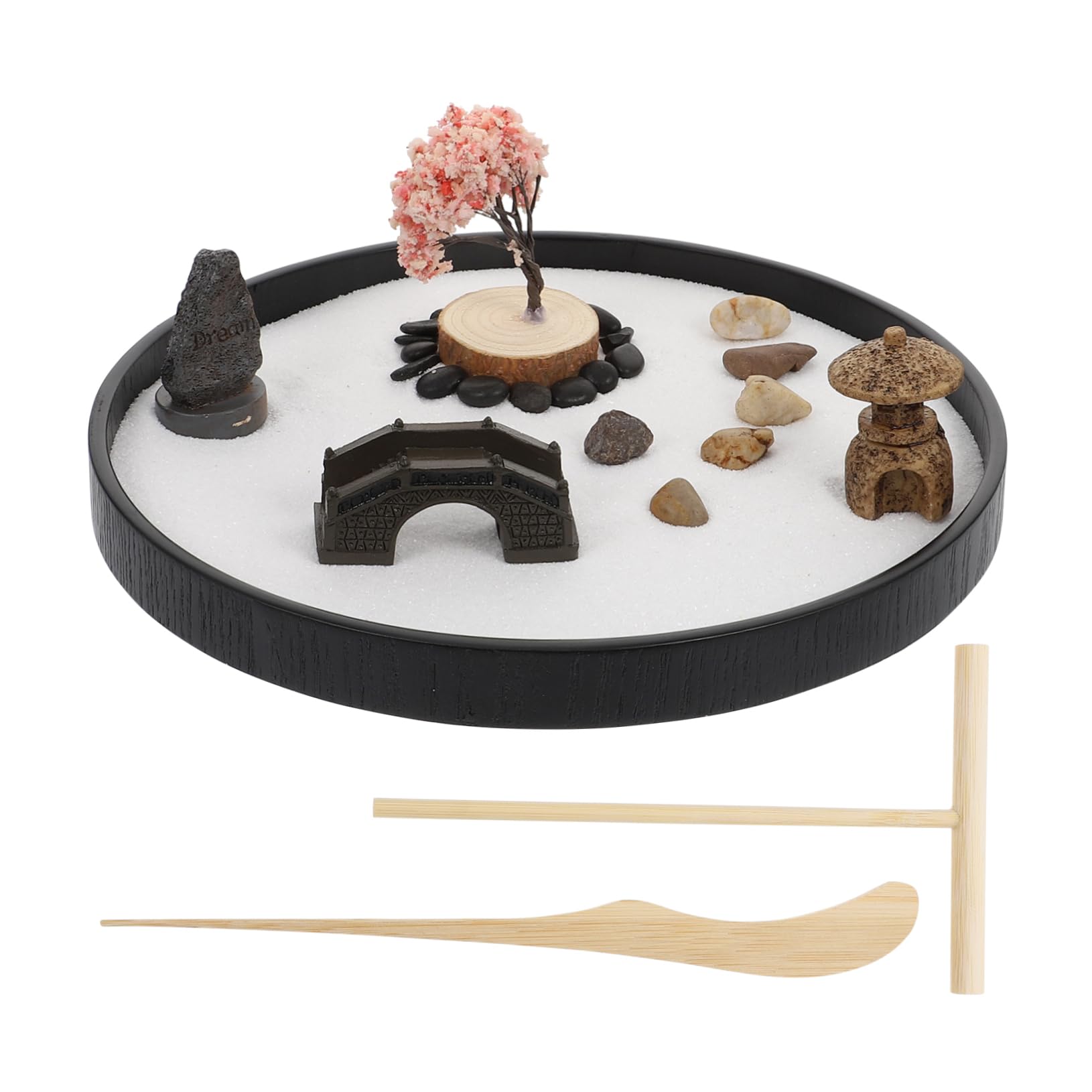 1 Set Round Sand Table Decoration Kit Desktop Sandbox Home Art Micro Fake Palm Outdoor Play Crafts Outdoor Front Plants Tree Ocean Decor Rock Grain of Sand Black