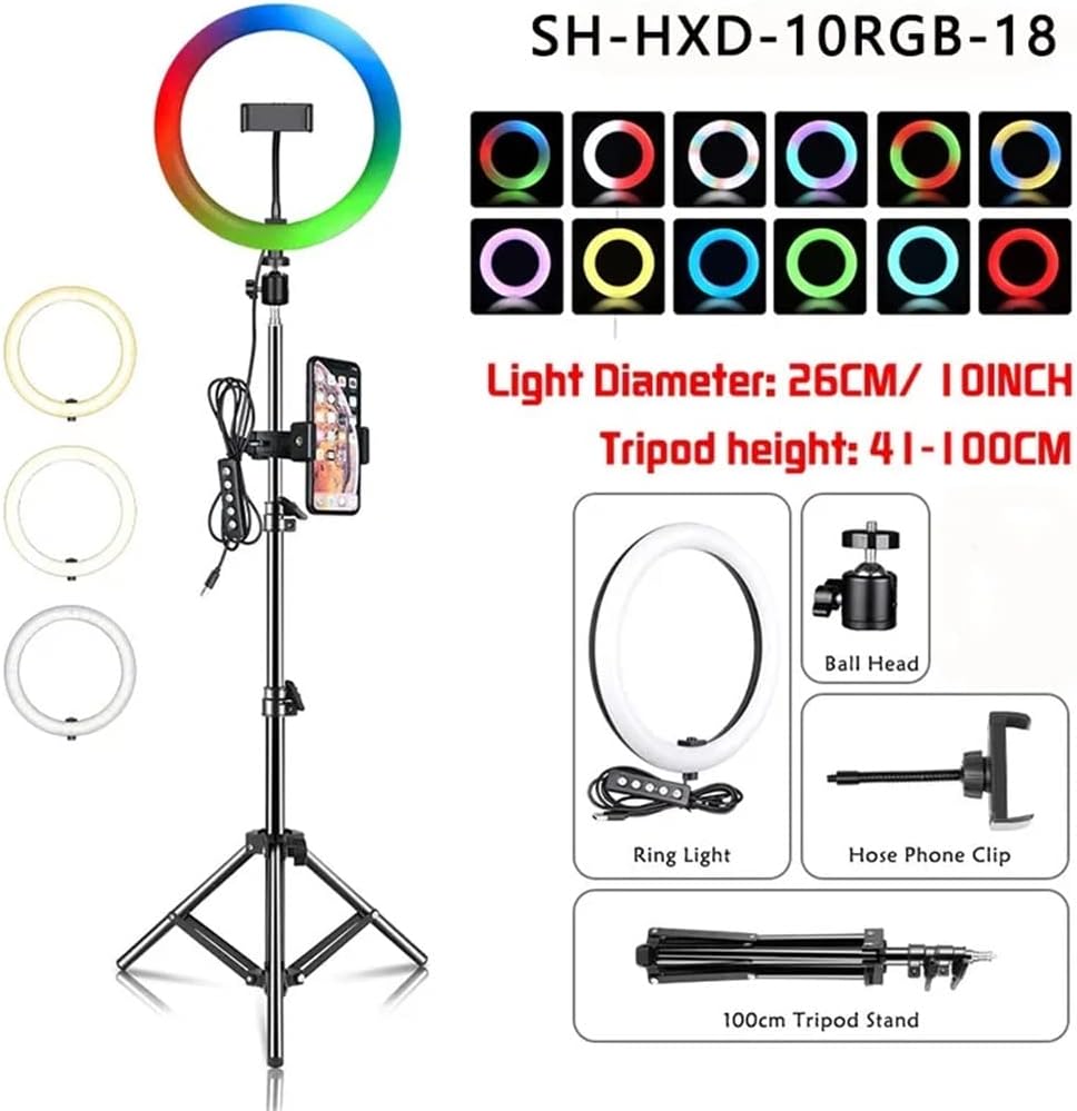 10 Inch RGB Selfie Light with Tripod LED Lamp for Phone Video Live Photography Hoop Lights(100cm)