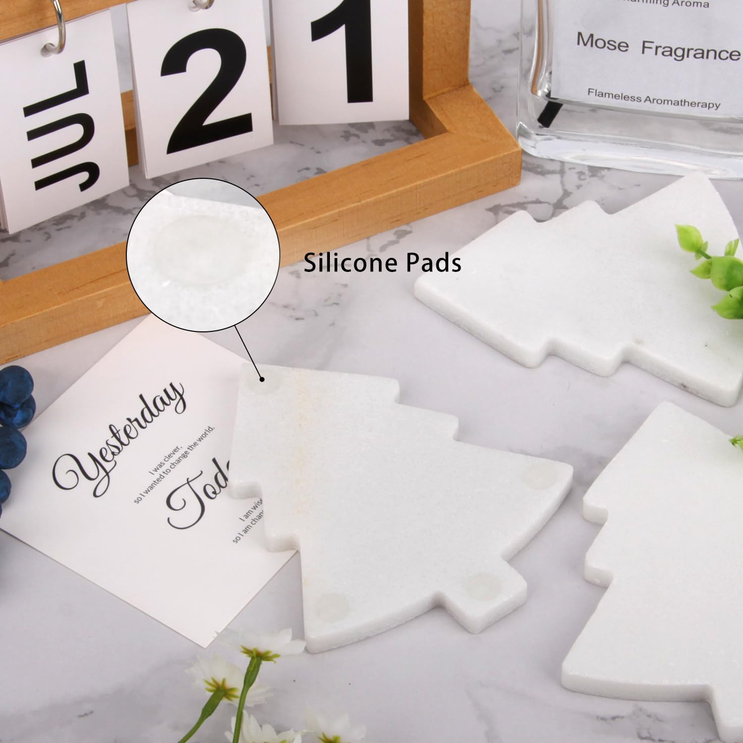 Marble Coasters Set of 6-4 Inch Snowflake Design White Natural Stone Drink Coasters, Modern Luxury Outdoor Cup Coaster Table Protection for Coffee Tab (6, 4 Inch) (4, White, Pine Tree)