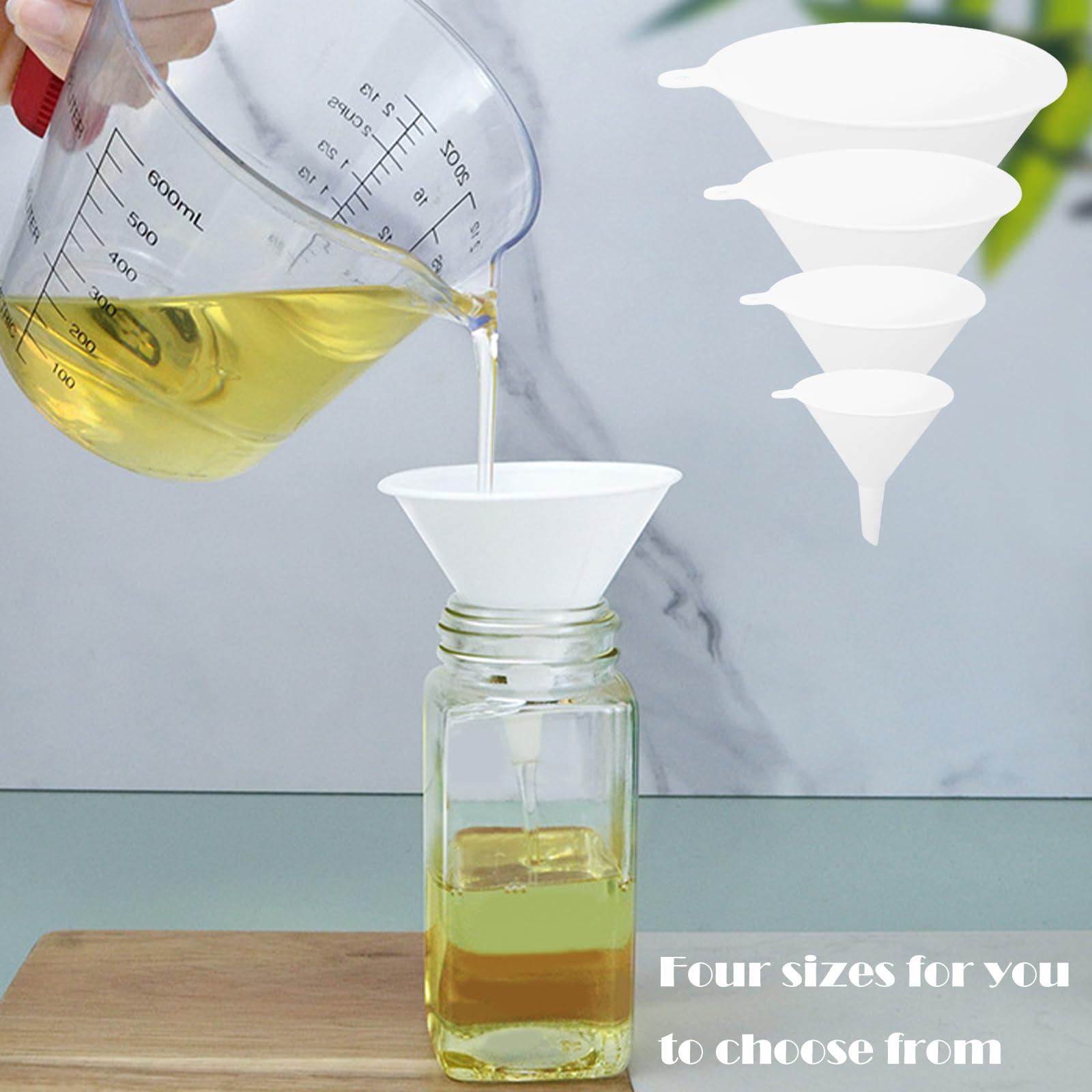 Plastic Funnel, Filling Bottles, Jars, Containers Kitchen or Laboratory Use, General Purpose Funnel for Petroleum, Automotive Oils, Lubricants and Liquids (White 4pc)