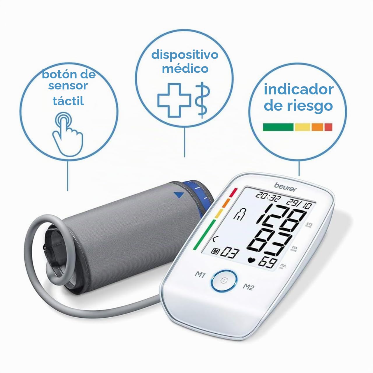 Beurer BM45 - Tensiómetro de brazo, indicador OMS, memoria 2 x 60 mediciones, color blanco