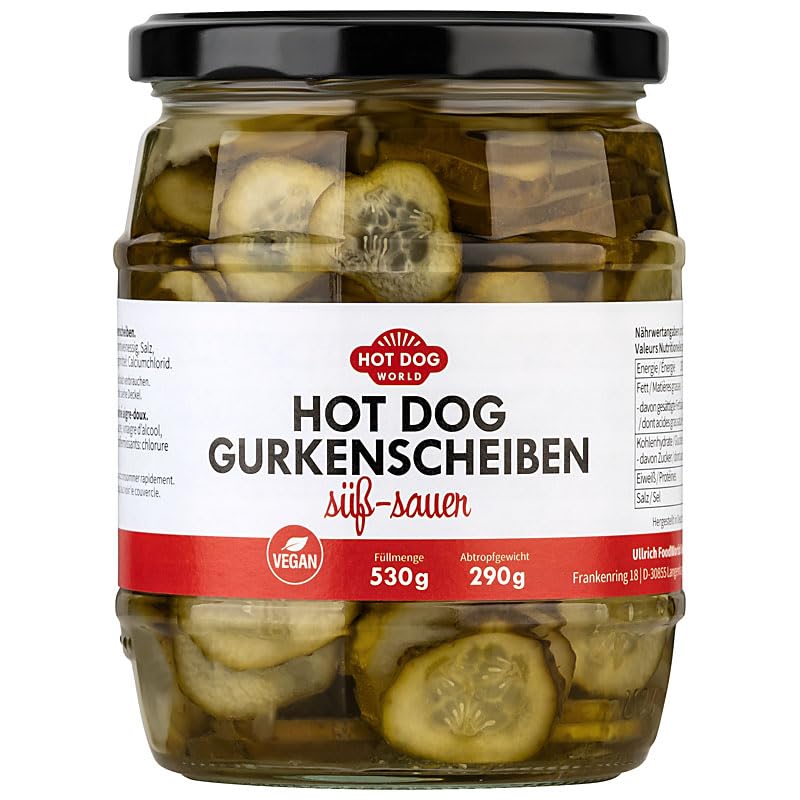 HOT DOG WORLD Süß-Saure Hot Dog Gurkenscheiben, Vegan, Knackiger Gurkensalat für Hot Dogs, Burger, Sandwiches (1000 g)