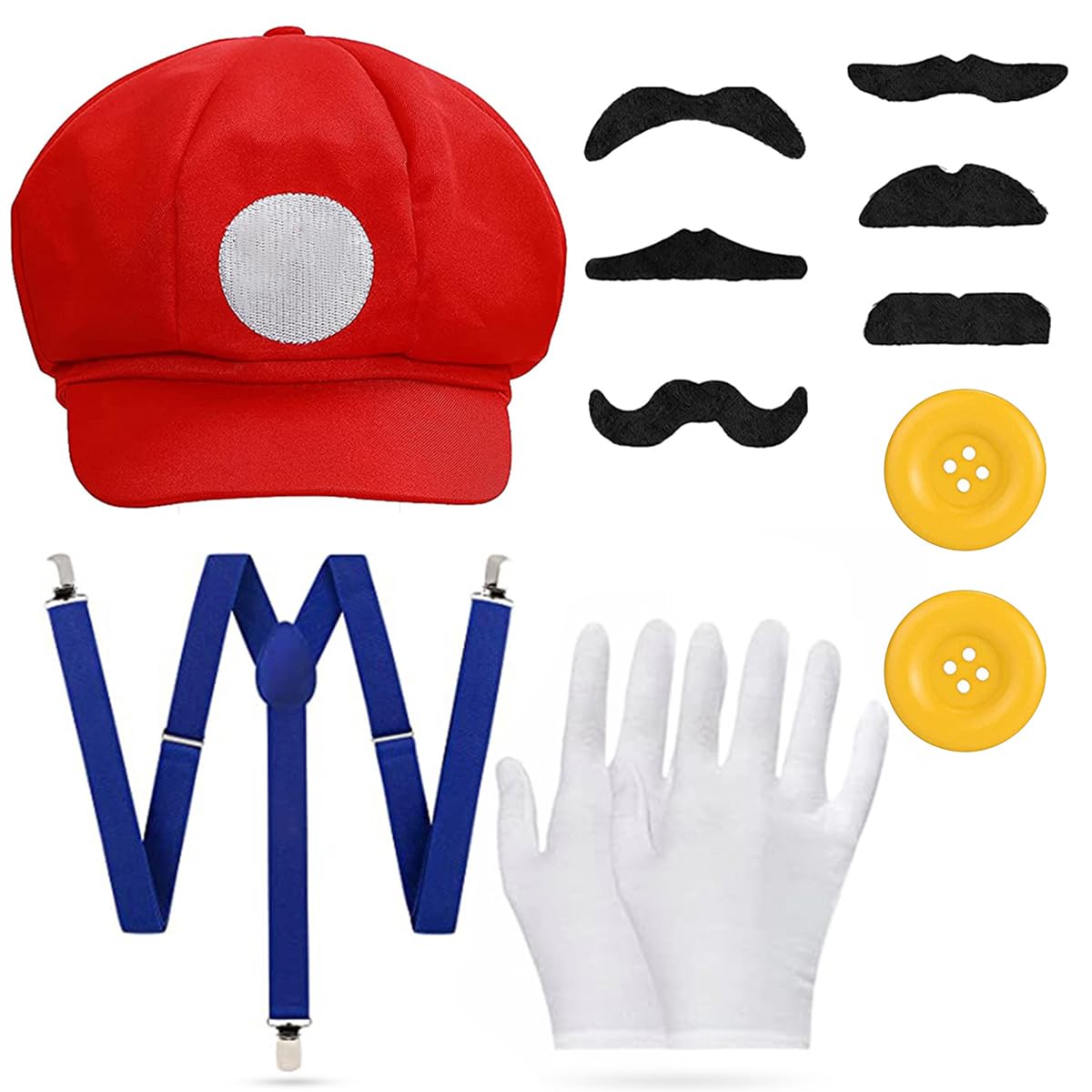 BIQIQI Mario Costume Accessories with Mario Red Hat Gloves Suspenders Buttons Fake Mustaches, Mario Fancy Dress Up Outfit for Men Women Mario Bros Cosplay Carnival Halloween Prom Birthday Party