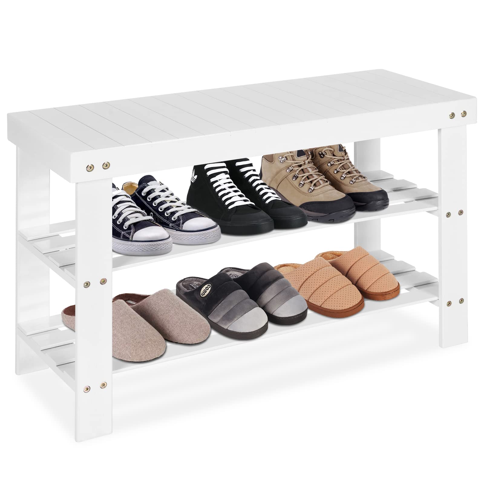 GOFLAME Shoe Bench Rack, 2-Tier Bamboo Seat Storage Shelf, Free Standing Shoe Storage Bench with Stylish and Modern Design, Shoe Organizer for Décor