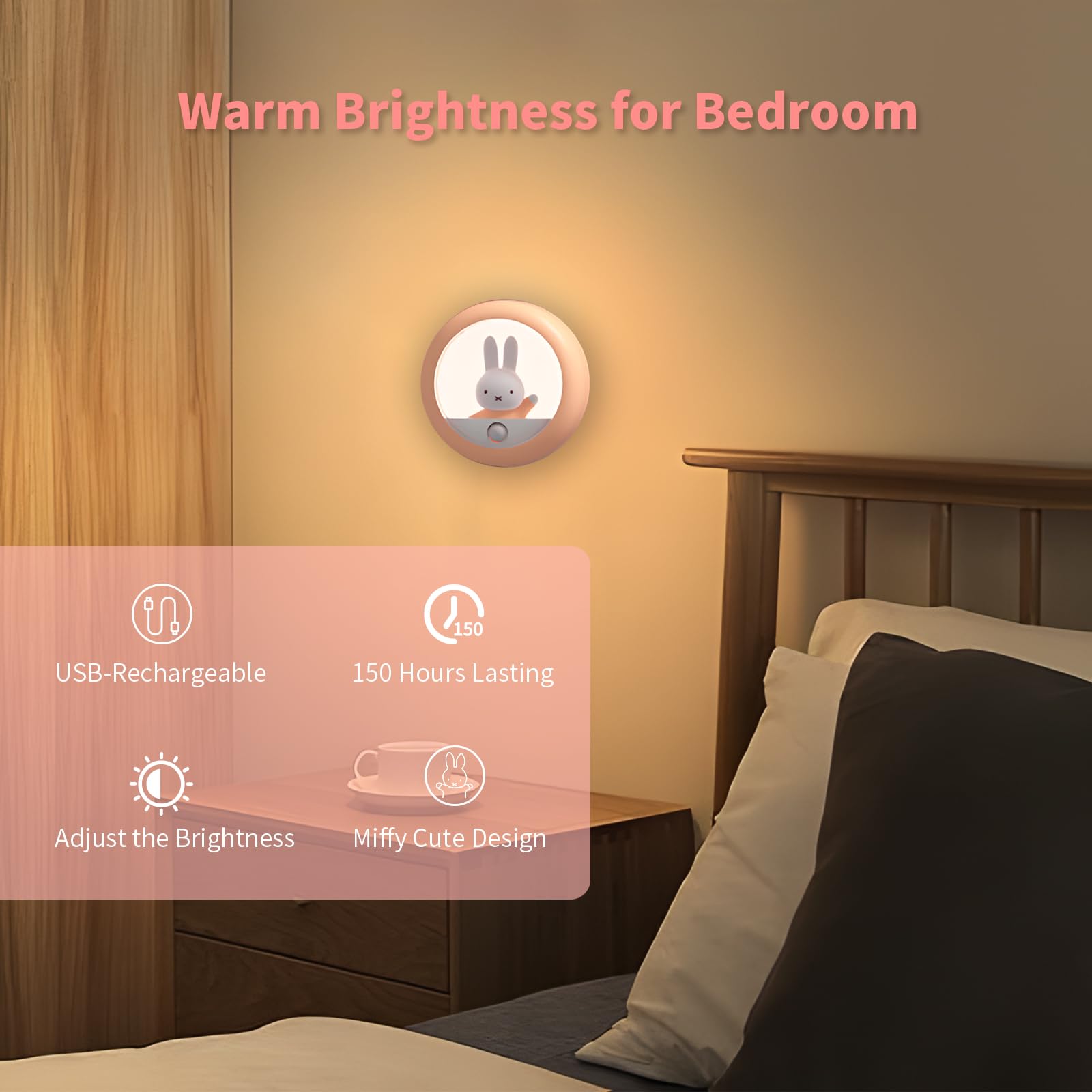 MIPOW Miffy 2025 Veilleuse LED avec détecteur de mouvement automatique rechargeable avec luminosité réglable magnétique portable pour chambre à coucher, salle de bain, couloir (rose)