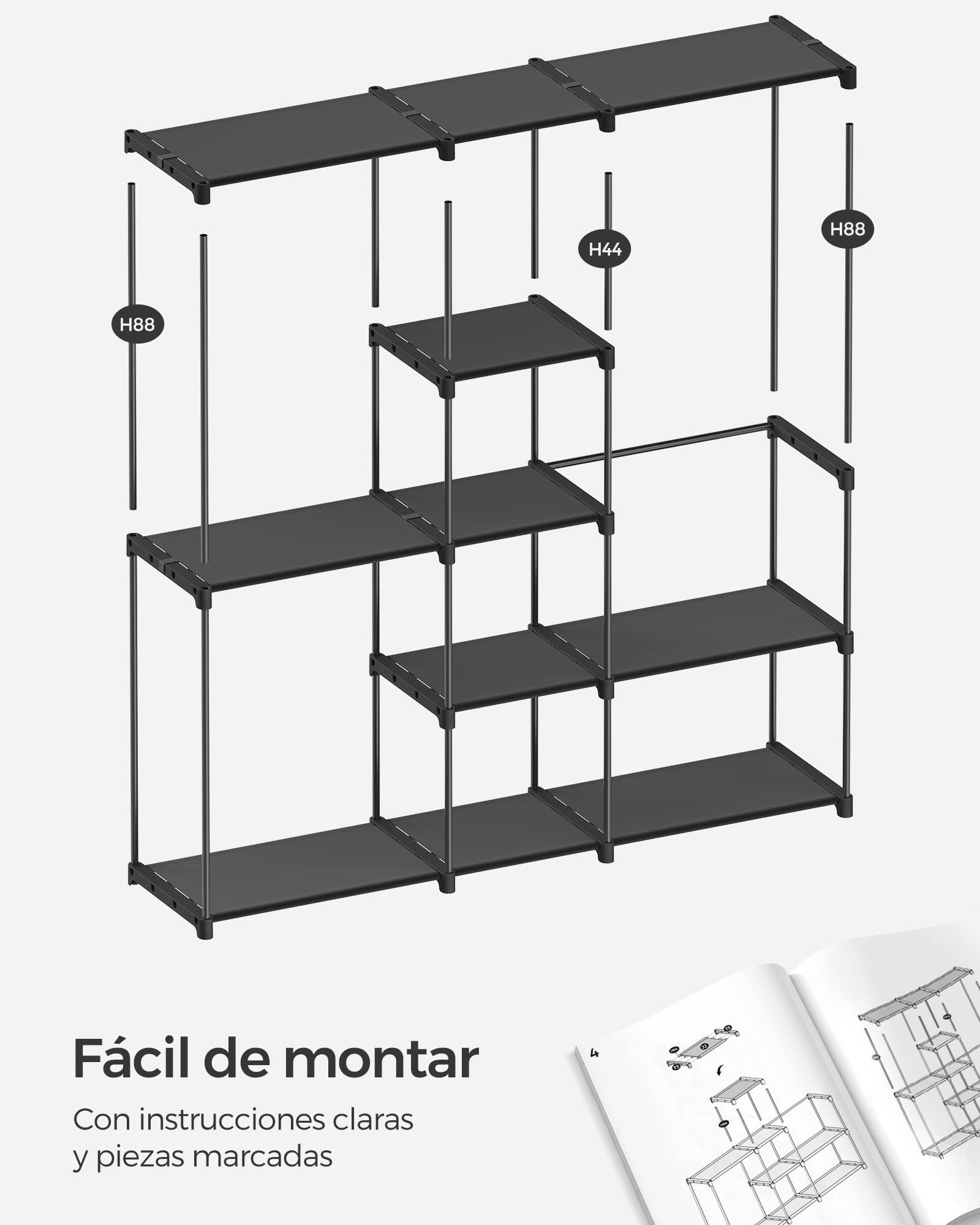 SONGMICS Armario, Perchero, Guardarropa, con Barras, Vestidor, Estantes de Tela, Marco de Metal, 182 x 43 x 182 cm, Negro Tinta RYG037B02