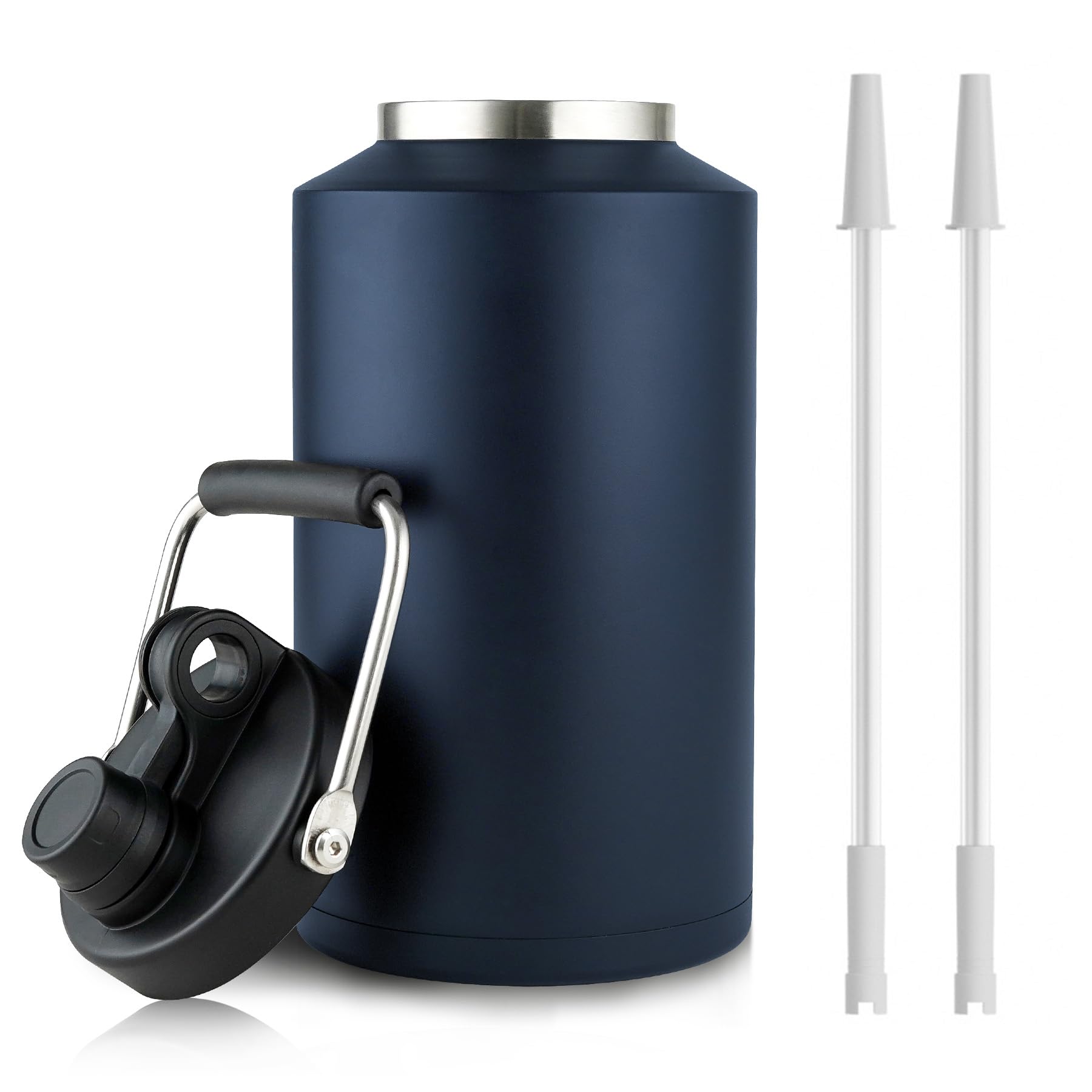 1 Gallon Water Jug Bottle Insulated with Straw, 128oz Stainless Steel Water Bottle Jug Wide Mouth Double Vacuum Dishwasher Safe BPA Free for Hot & Cold Drinks Navy Blue