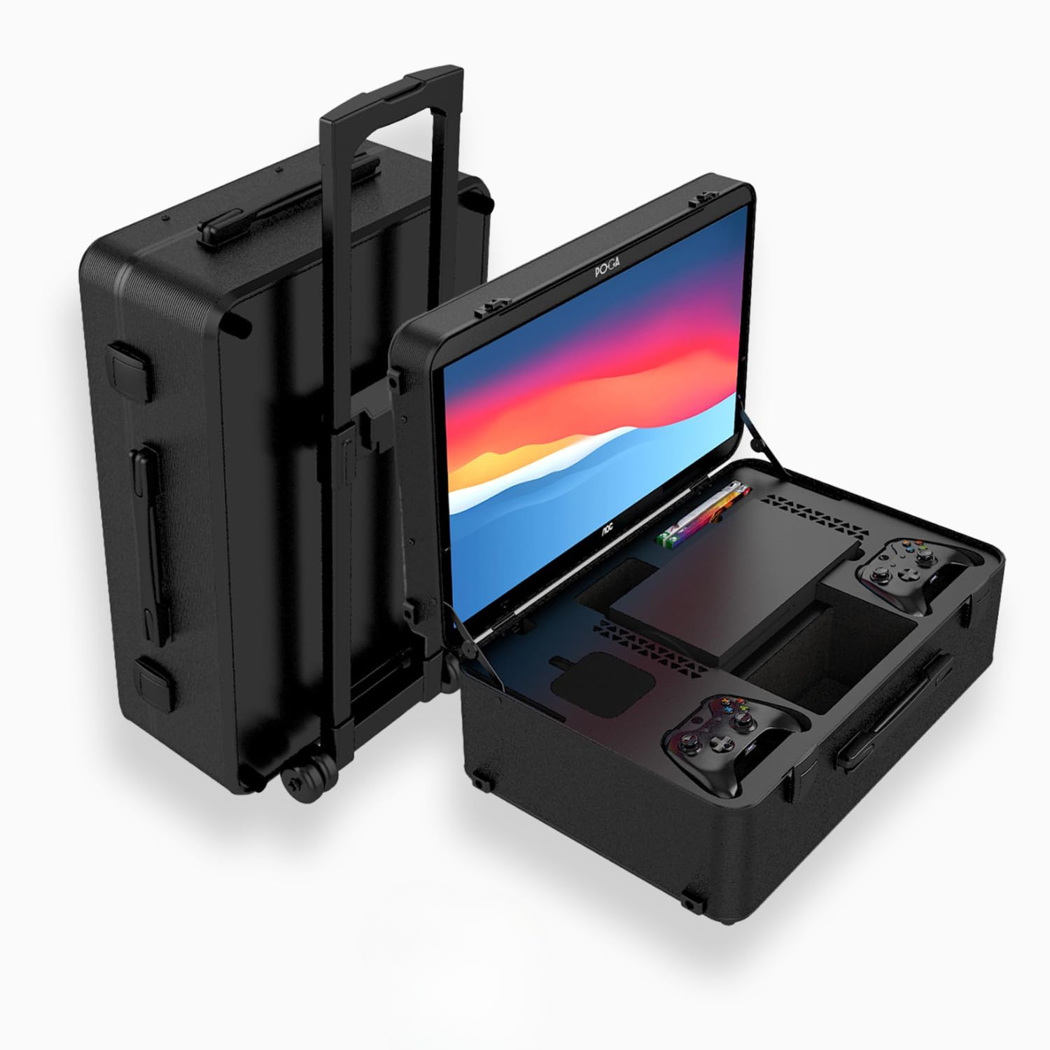 POGA SLY Black - Valigetta da gioco (compatibile con Xbox Series X) con trolley e monitor da gioco AOC da 24", colore: Nero