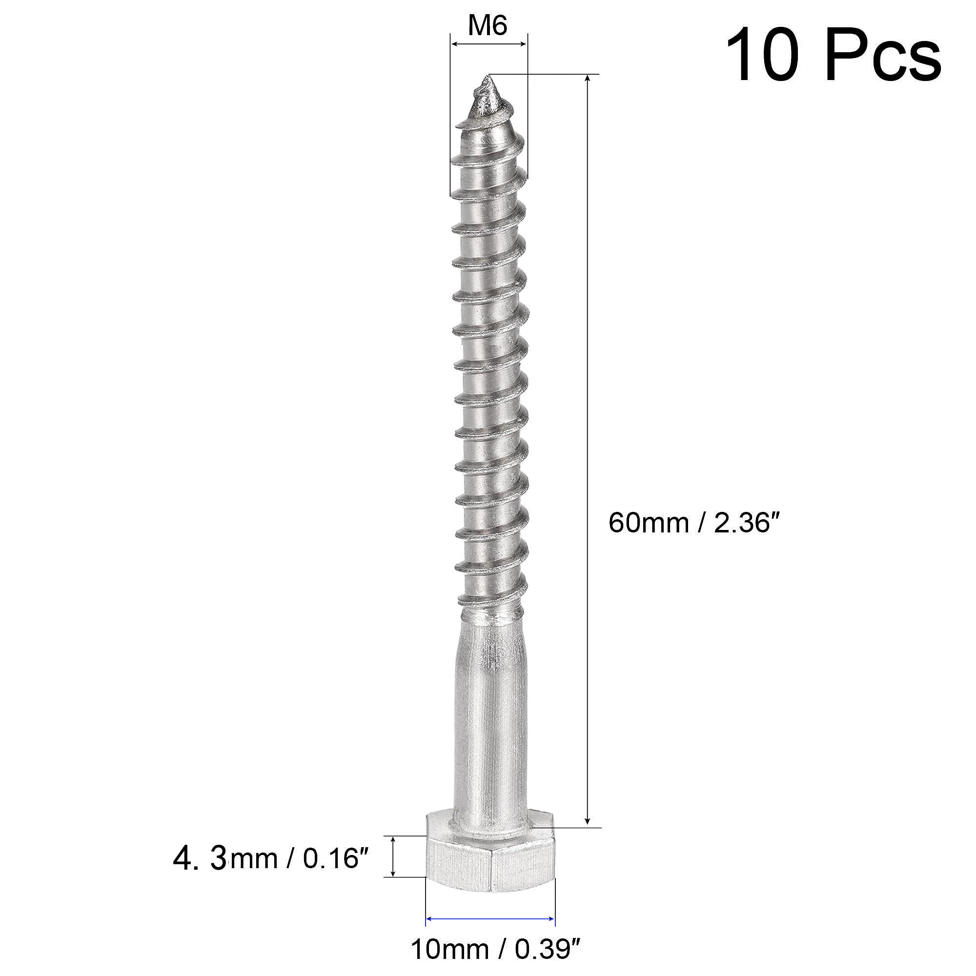 Unifizz 10 Pcs Hex Lag Screws, M6 x 60mm 304 Stainless Steel Wood Bolts - Image 2