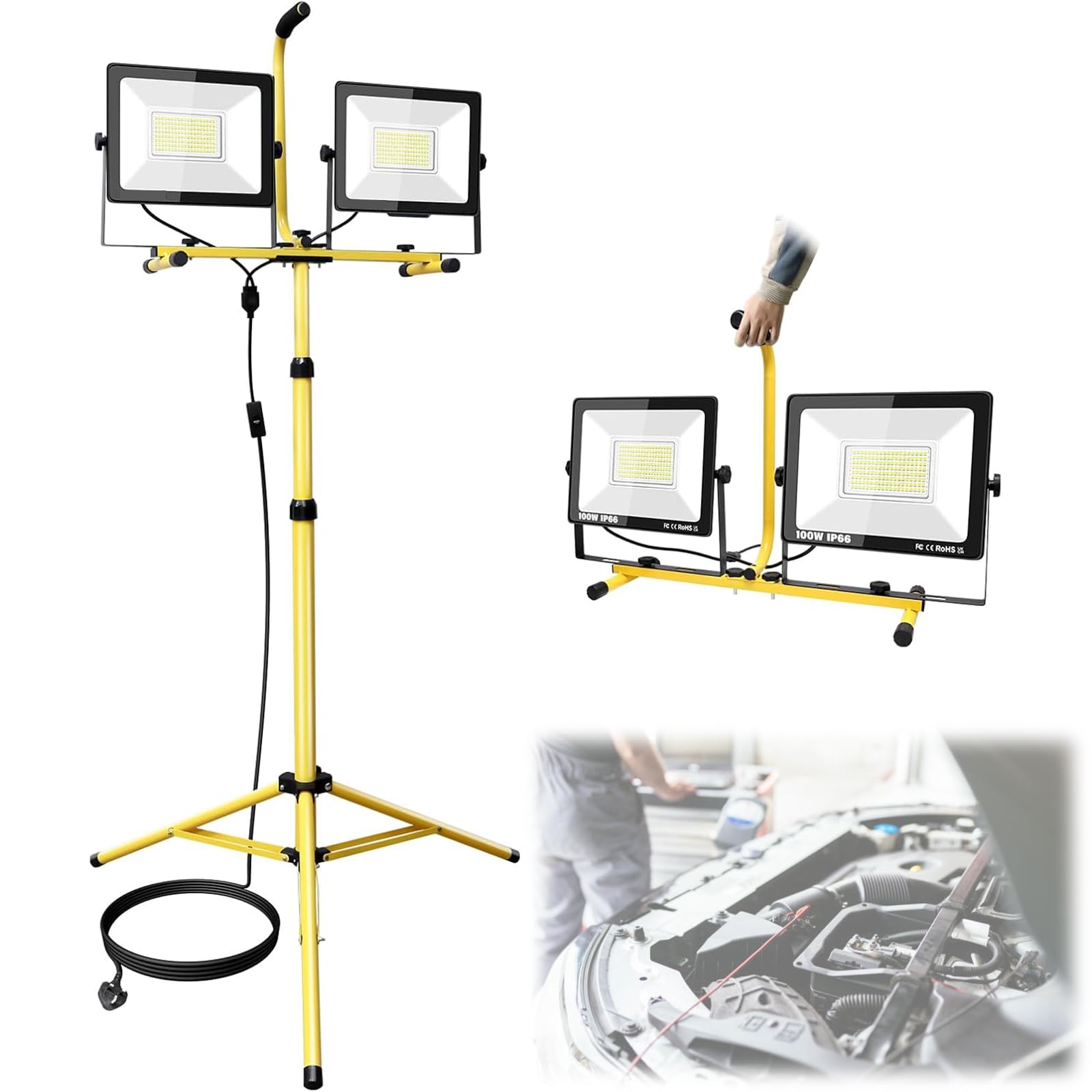 LED-Arbeitsleuchte, Arbeitsleuchte mit klappbarem Stativ, tragbare Baustellenbeleuchtung, 2 verstellbare Köpfe, für BAU, Garage
