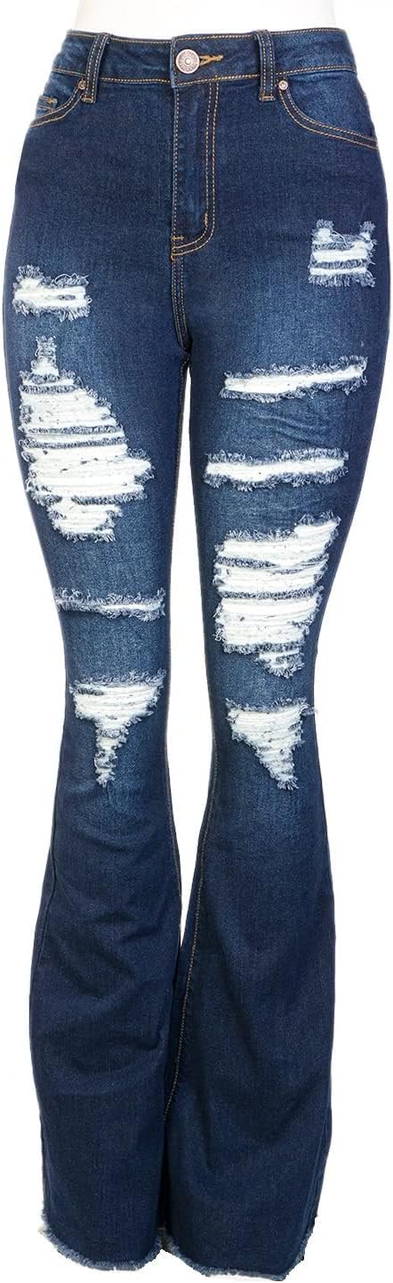 Jack David Womens Junior 70s Trendy Slim Fit Flared Bell Bottom Denim Jeans Pants (0, JD BI468 Blue)