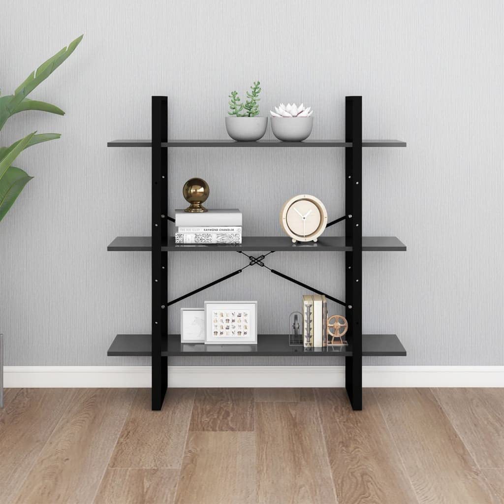 Industrielles Bücherregal Grau 100x30x105 cm aus Holzwerkstoff und Metall, 3 Ablagen für Bücher und Dekoration, modernes Standregal für Wohnzimmer, pflegeleicht mit feuchtem Tuch
