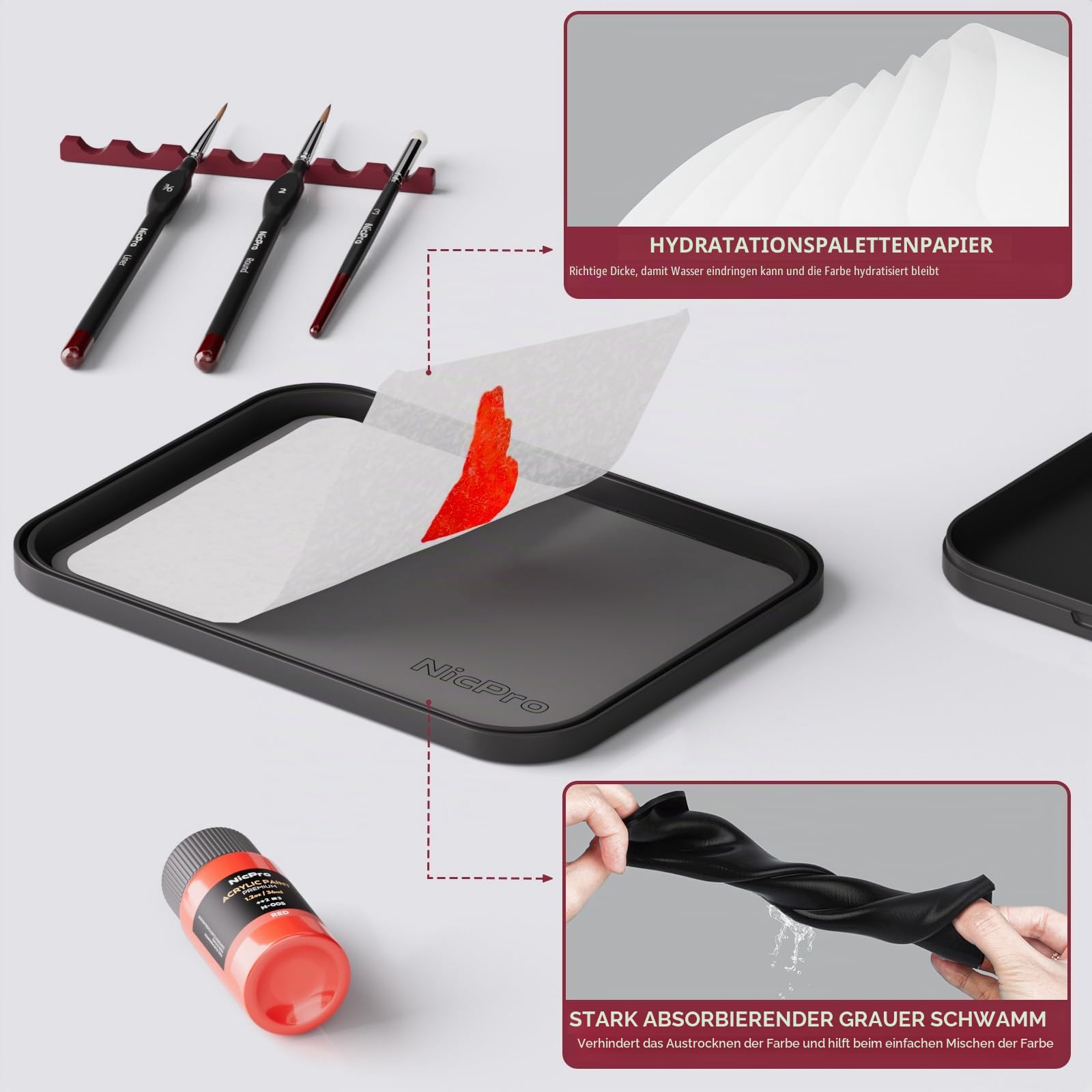 Nicpro Professionelles Miniatur-Malset: Wet Palette, 16 Feine Pinsel, Dry Brush mit Nylontasche, 100 Palettenpapier, 4 Schwämme, Farbmischpalette für Miniaturmodelle | Stay Wet Palette, 16 x Detail-Pinsel, Trockenpinsel mit Nylontasche, 100 x Palettenpapi