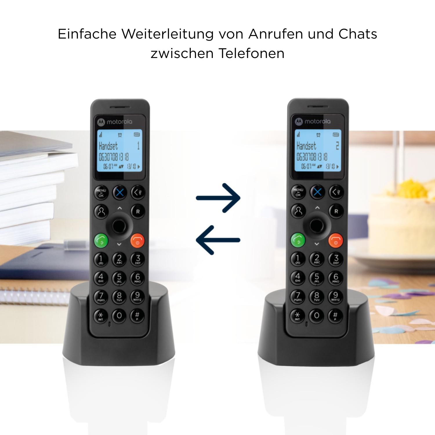 Motorola Voice - DOT202 Doppelpack, digitales Schnurlostelefon, Freisprechlautsprecher, Anrufsperre, 100 Kontakte mit Namen und Telefonbuch, Schwarz